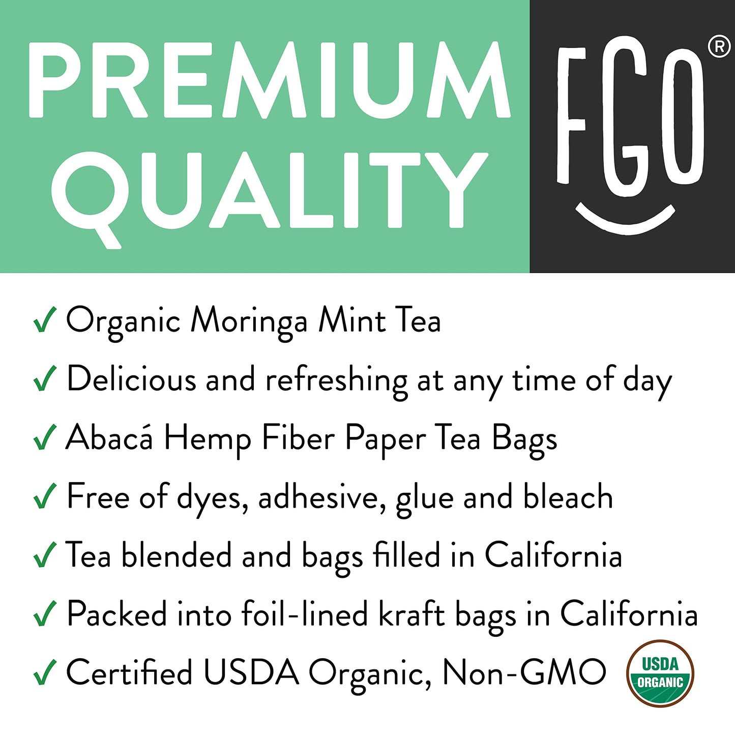 Fgo Organic Moringa Mint Tea, Eco-Conscious Tea Bags, 20 Count, Packaging May Vary (Pack Of 1)