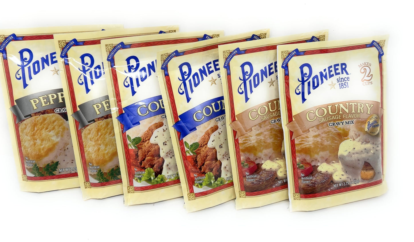 Pioneer Brand Gravy Variety Bundle, 2.75 oz (Pack of 6) includes 2-Count Peppered Gravy Mix + 2-Count Country Sausage Flavor Gra