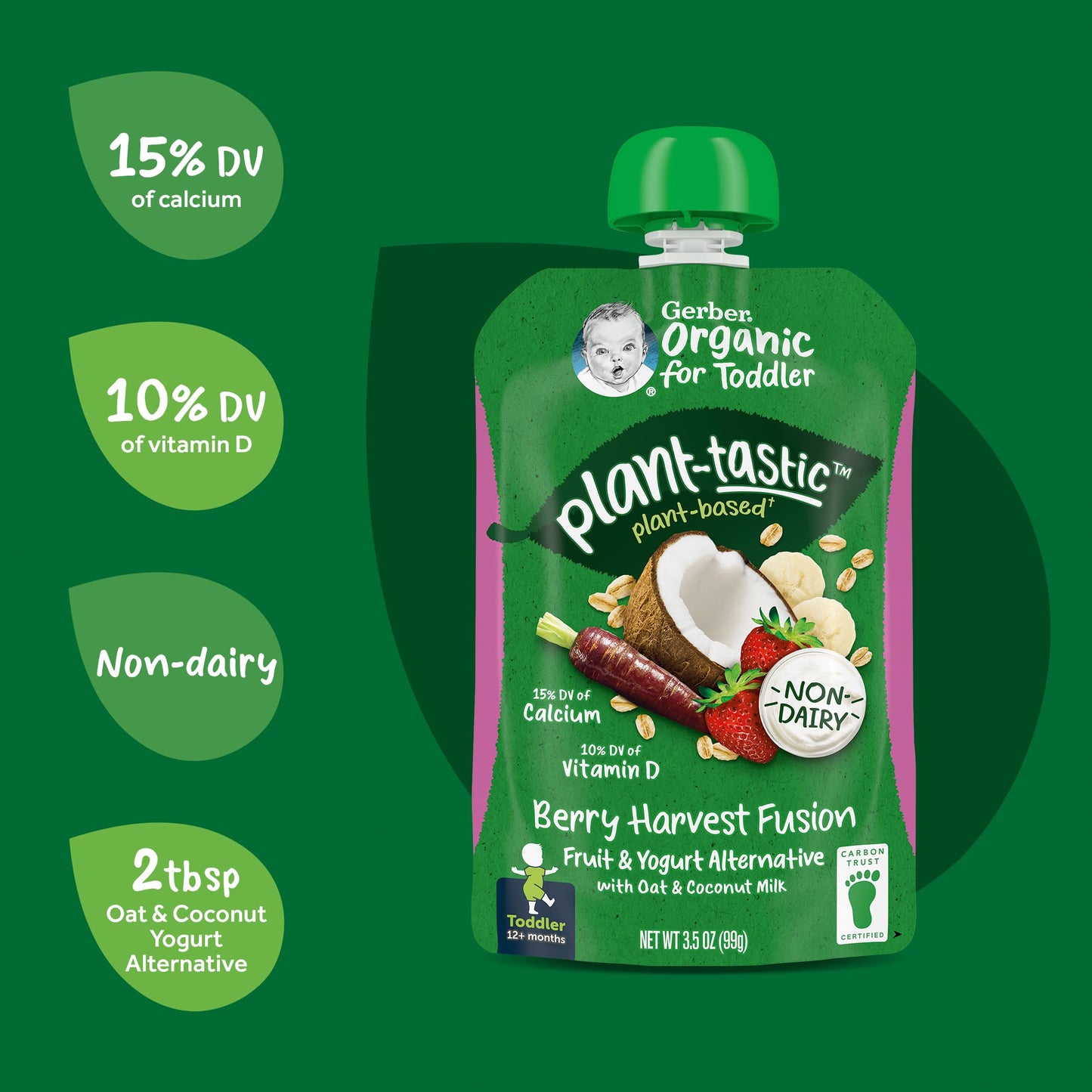 Gerber Organic Baby Food Pouches, Toddler, Plant-Tastic, Berry Harvest Fusion, Fruit & Yogurt Alternative With Oat & Coconut Mil