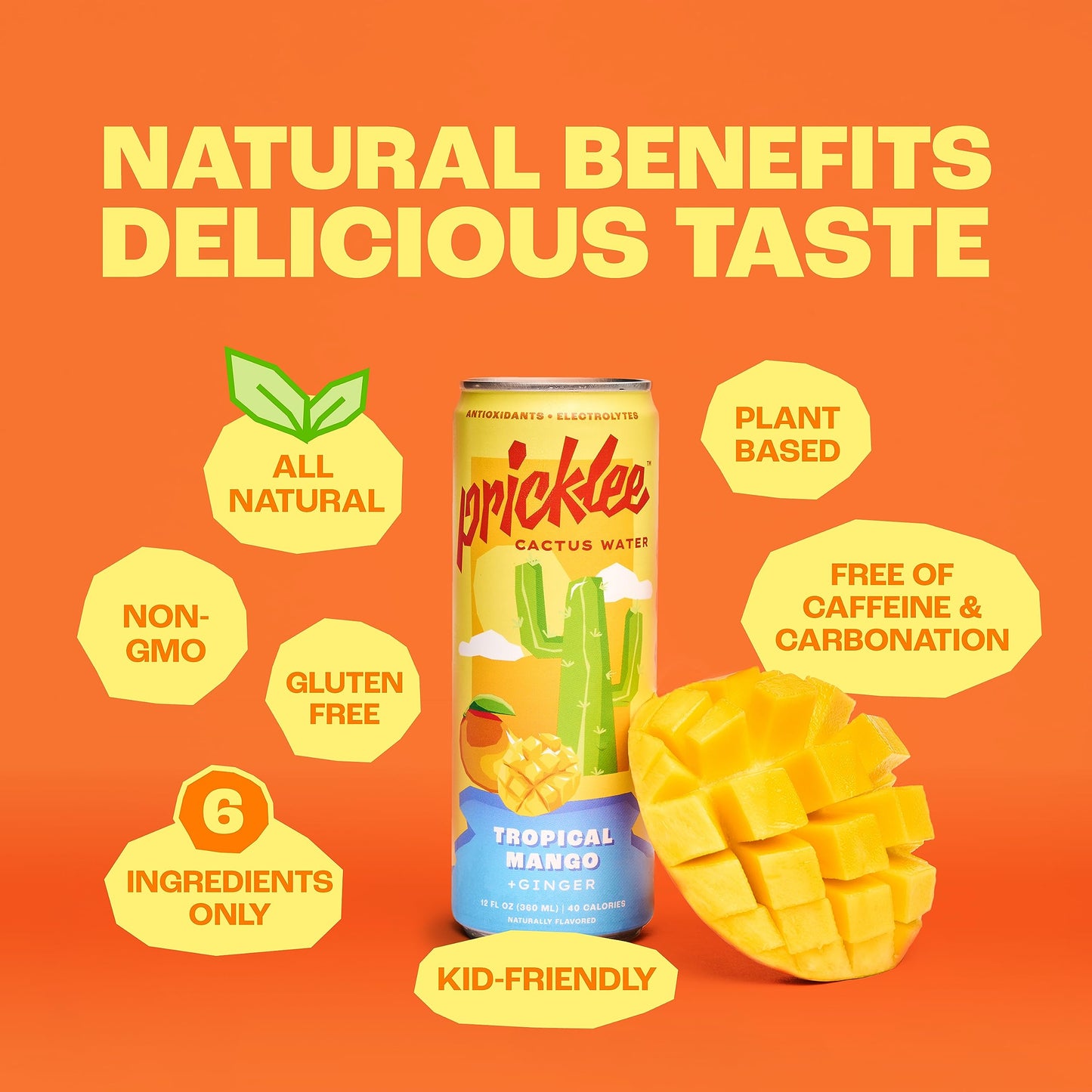 PRICKLEE SUPERFRUIT WATER Tropical Mango Cactus Water - Low-Calorie, Low-Sugar, 12 Fl Oz (Pack of 12) Non-Sparkling Sports Drink