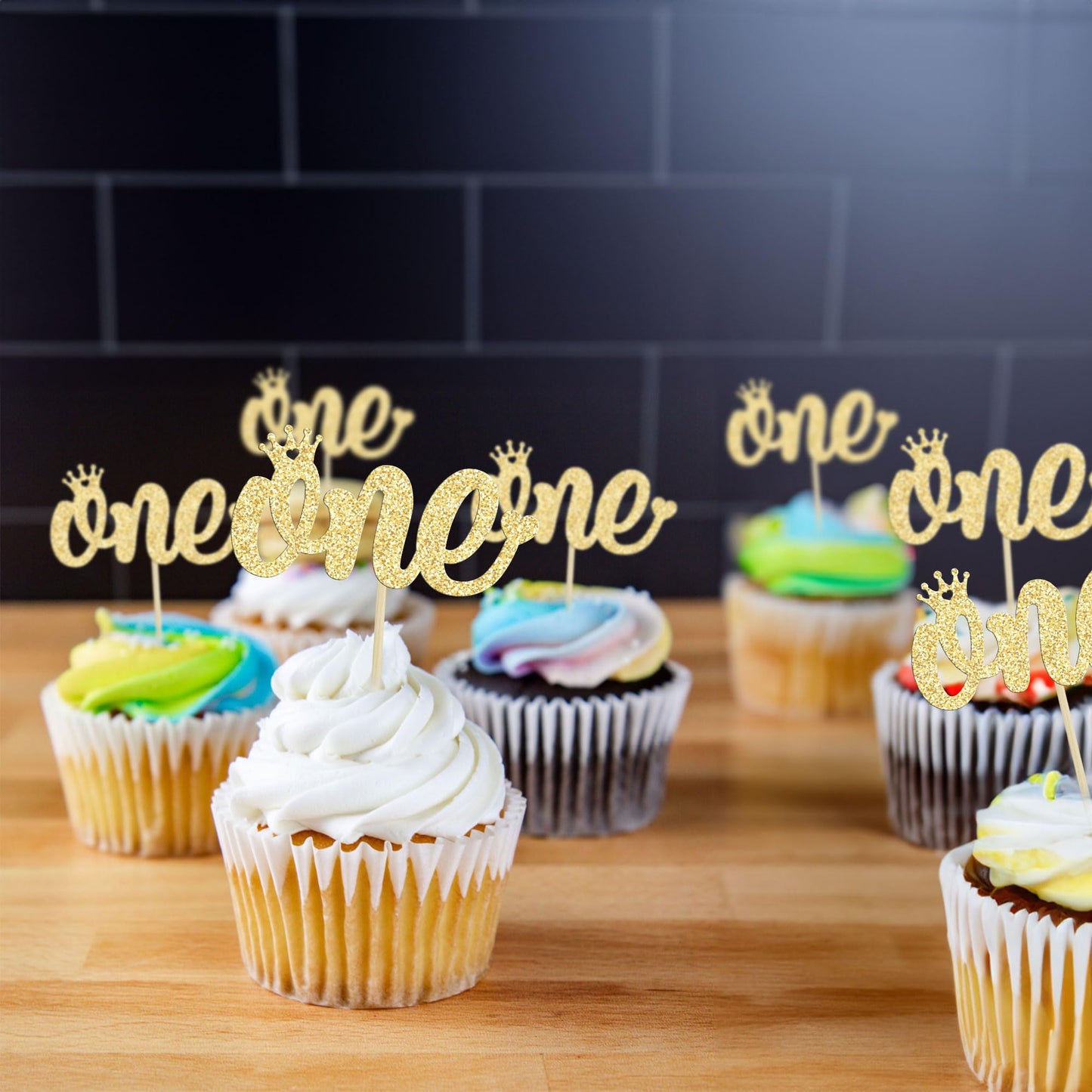 Gyufise 24 Pack One Cupcake Toppers Gold Glitter First Birthday Decorations For Kids Boy Girl First Birthday Party Decoration Supplies