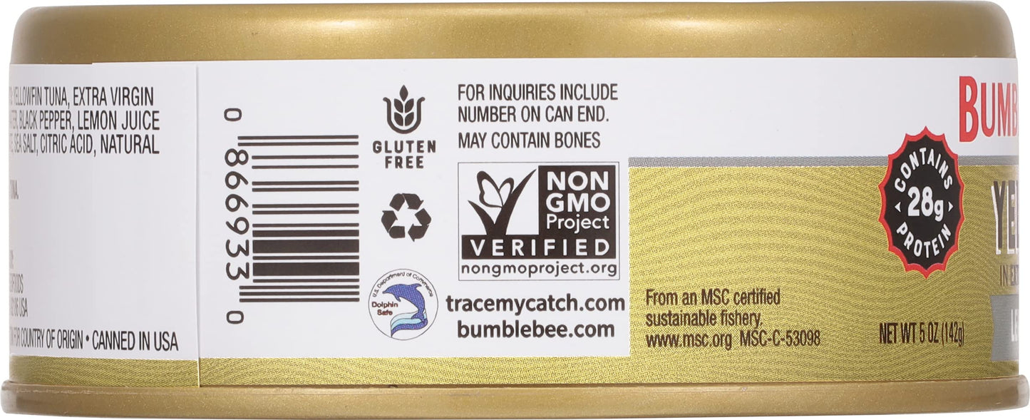 Bumble Bee Yellowfin Tuna in Extra Virgin Olive Oil, 5 oz Can, Wild Caught, Non-GMO, MSC Certified, 28g Protein per Serving
