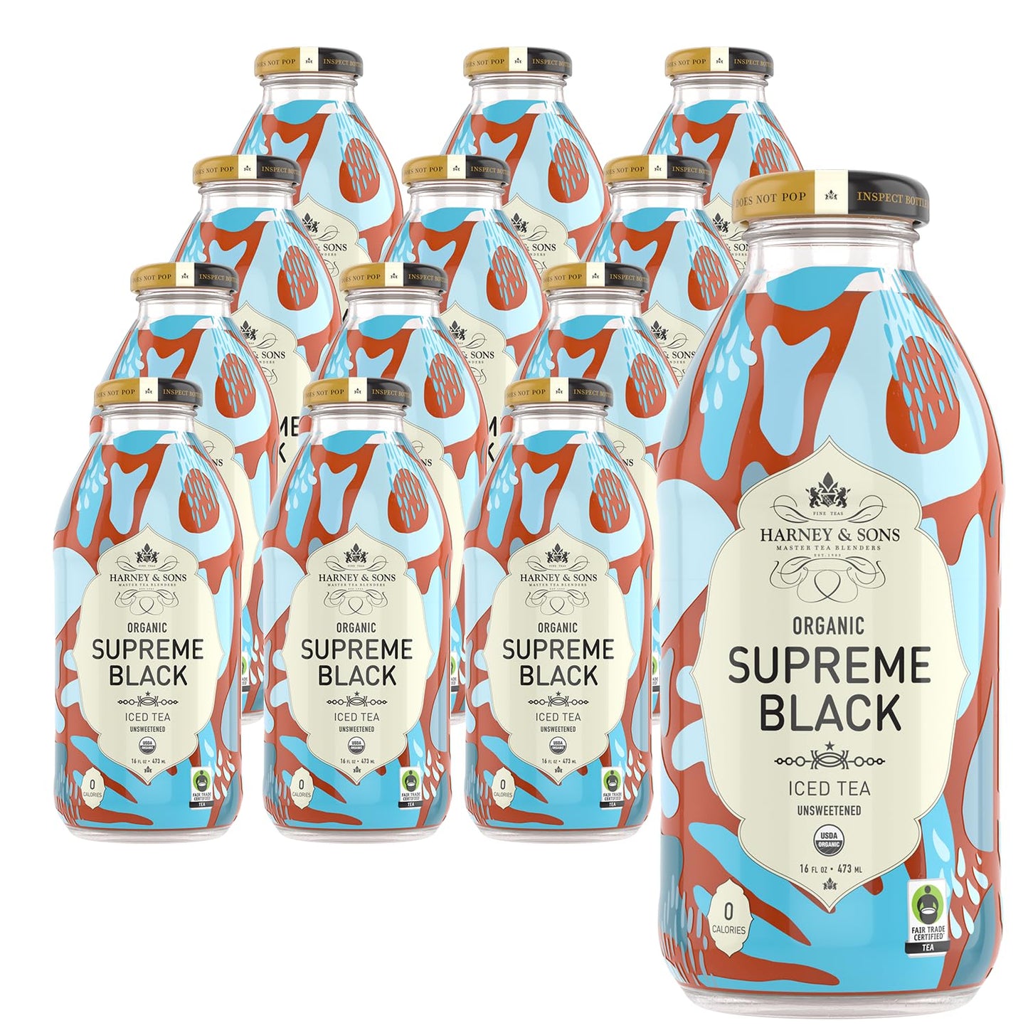 Harney & Sons Organic Supreme Black Unsweetened Iced Tea, 16 oz Glass Bottles (Pack of 12)