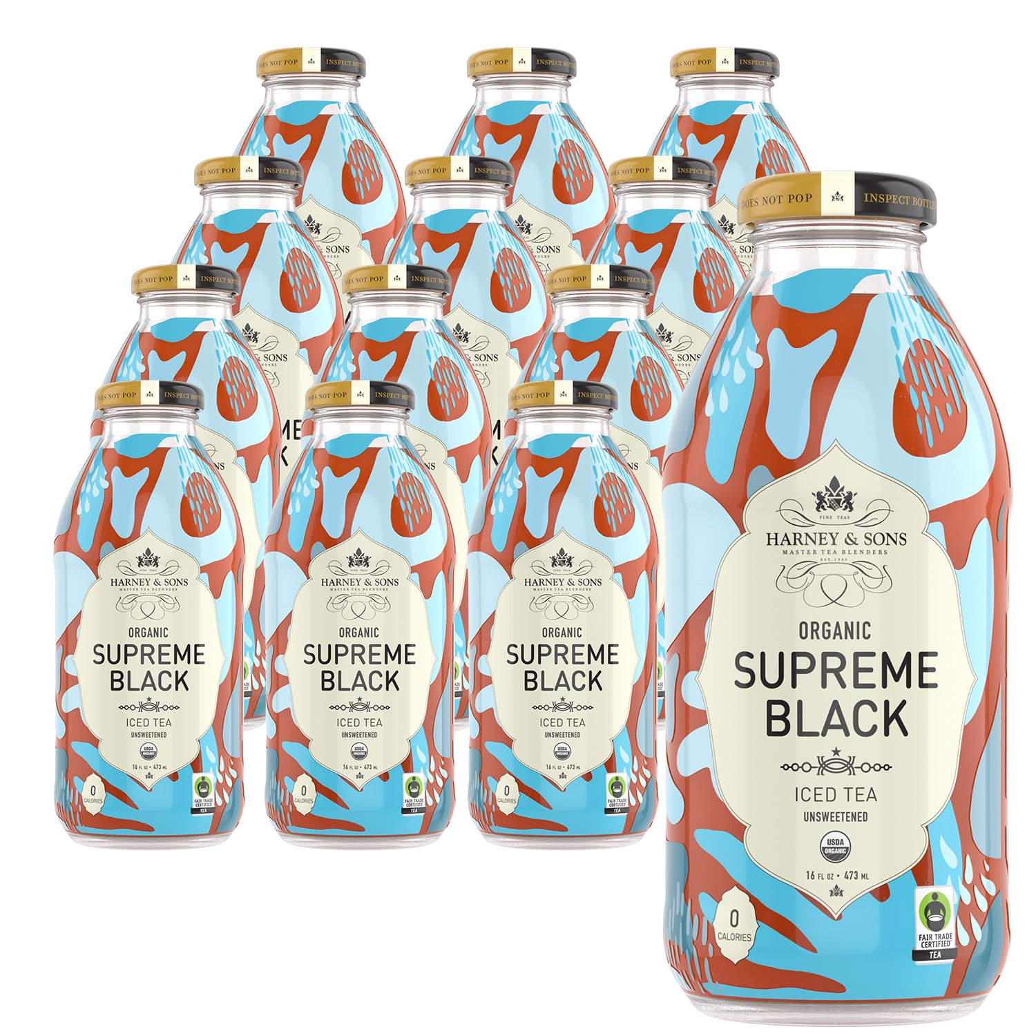 Harney & Sons Organic Supreme Black Unsweetened Iced Tea, 16 oz Glass Bottles (Pack of 12)