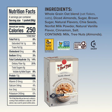 Bob s Red Mill Overnight Protein Oat, Vanilla Almond, 16 Packets Total (4 Boxes/4 Packets per Box), Non-GMO, Gluten Free, Whole