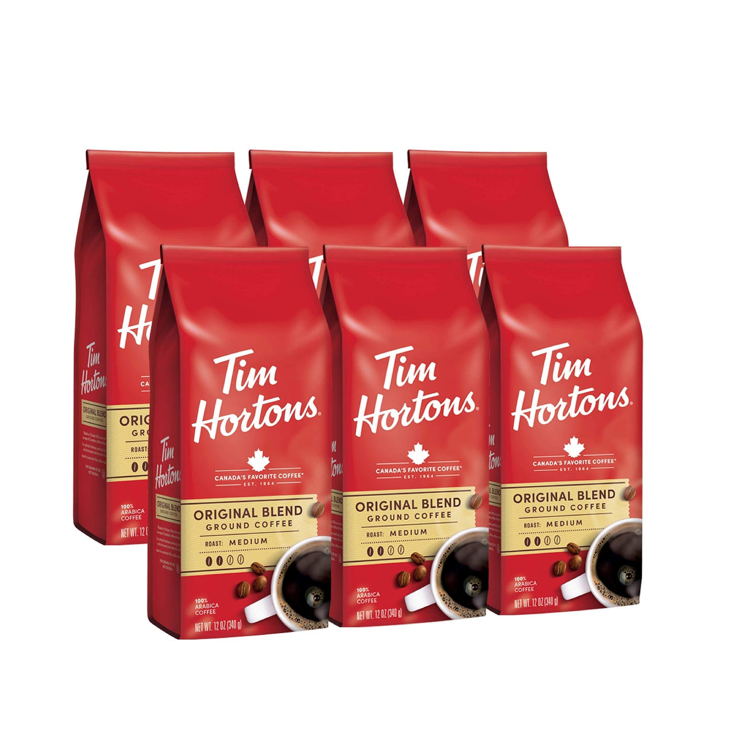 Tim Hortons Original Blend Ground Coffee, Medium Roast, 100% Arabica Beans, 12 Ounce (Pack of 6), Red
