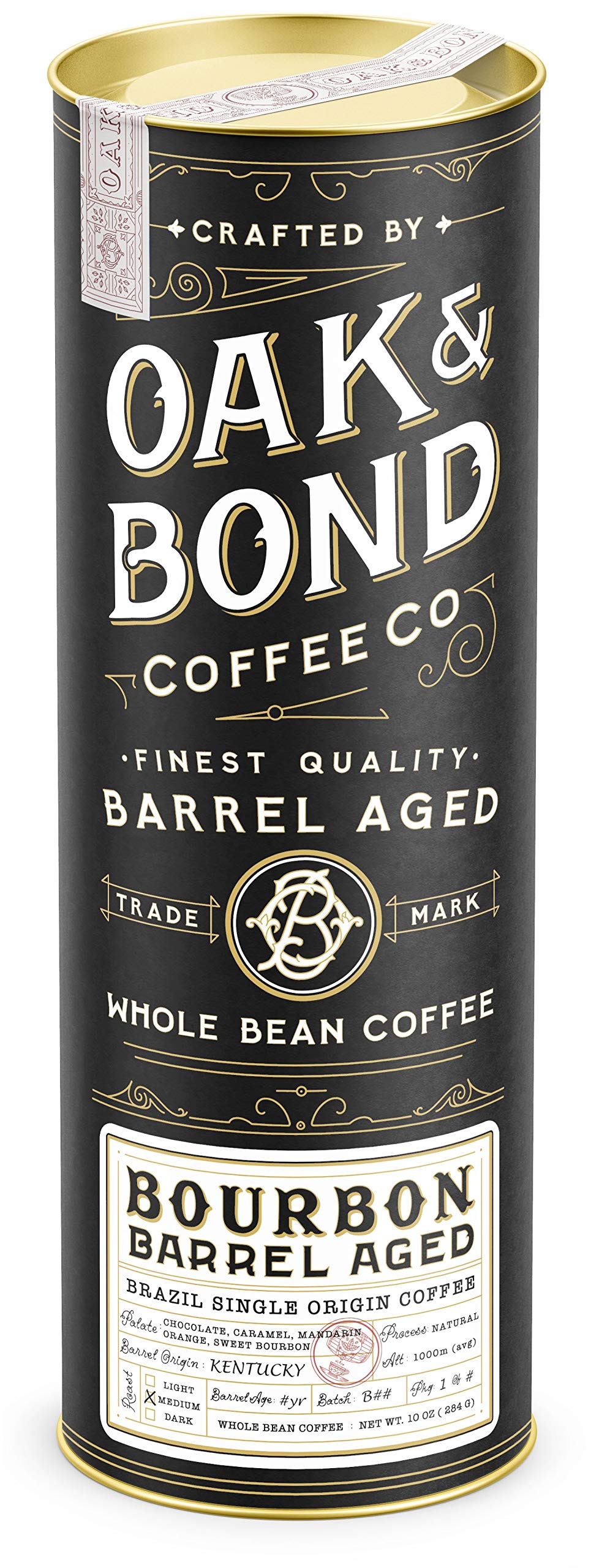 OAK & BOND Bourbon Barrel Aged Coffee, Brazil Single Origin, Medium Roast, 10oz, Black