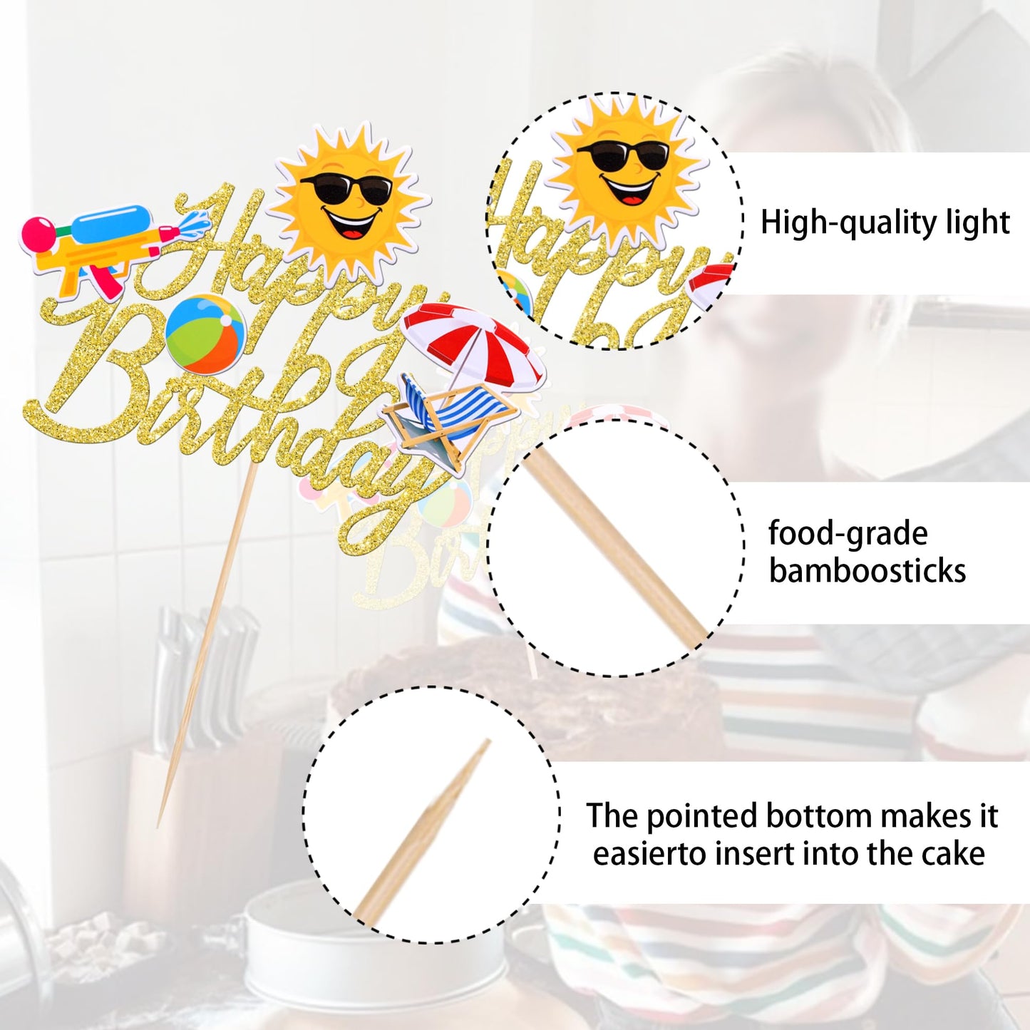 ZHUOWEISM Summer Beach Cake Topper - Glitter Gold Sun Umbrella Water   for Birthday Party Decorations