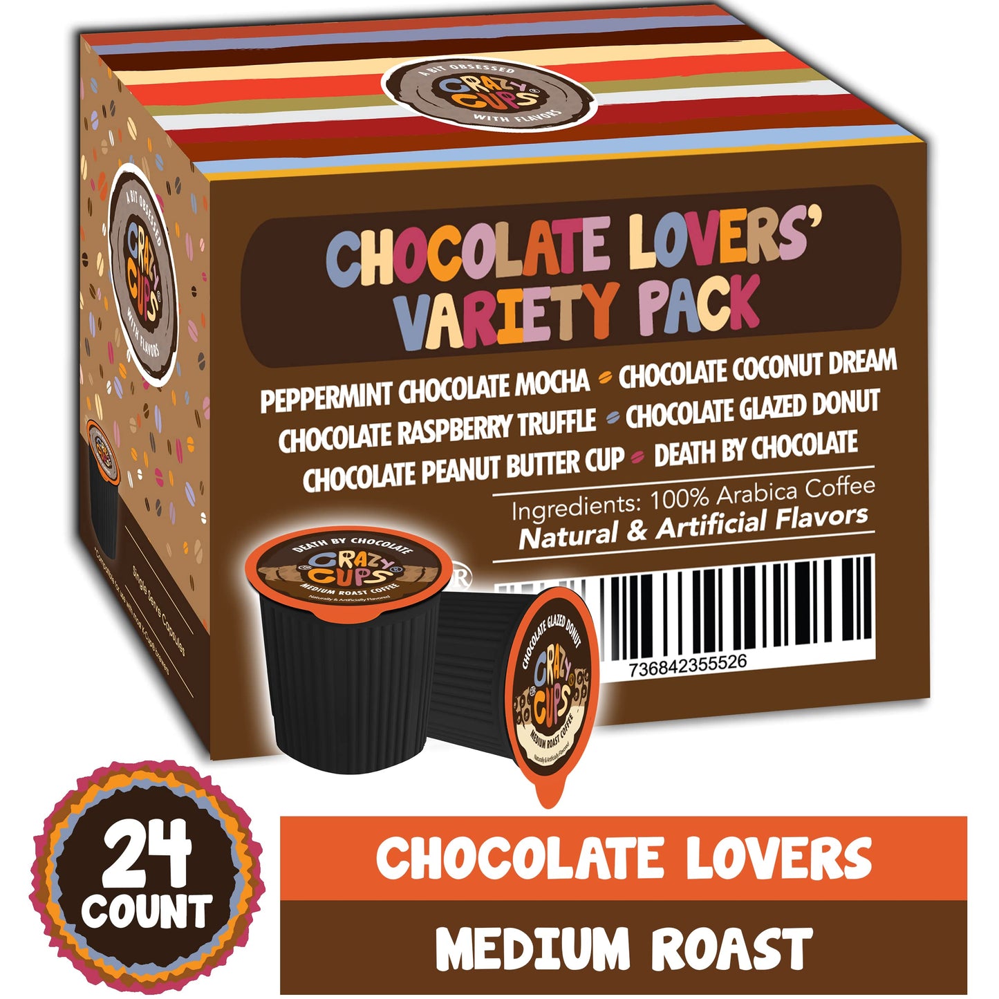 Crazy Cups Medium Roast Coffee Pods Variety Pack, 24 Count, Chocolate/Raspberry Flavor