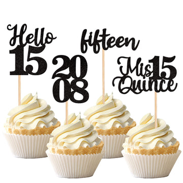 24 Pcs Black 15Th Birthday Cupcake Toppers Glitter Hello 15 Cupcake Topper Mis Quince Fifteen Since 2008 Cupcake Picks For Happy