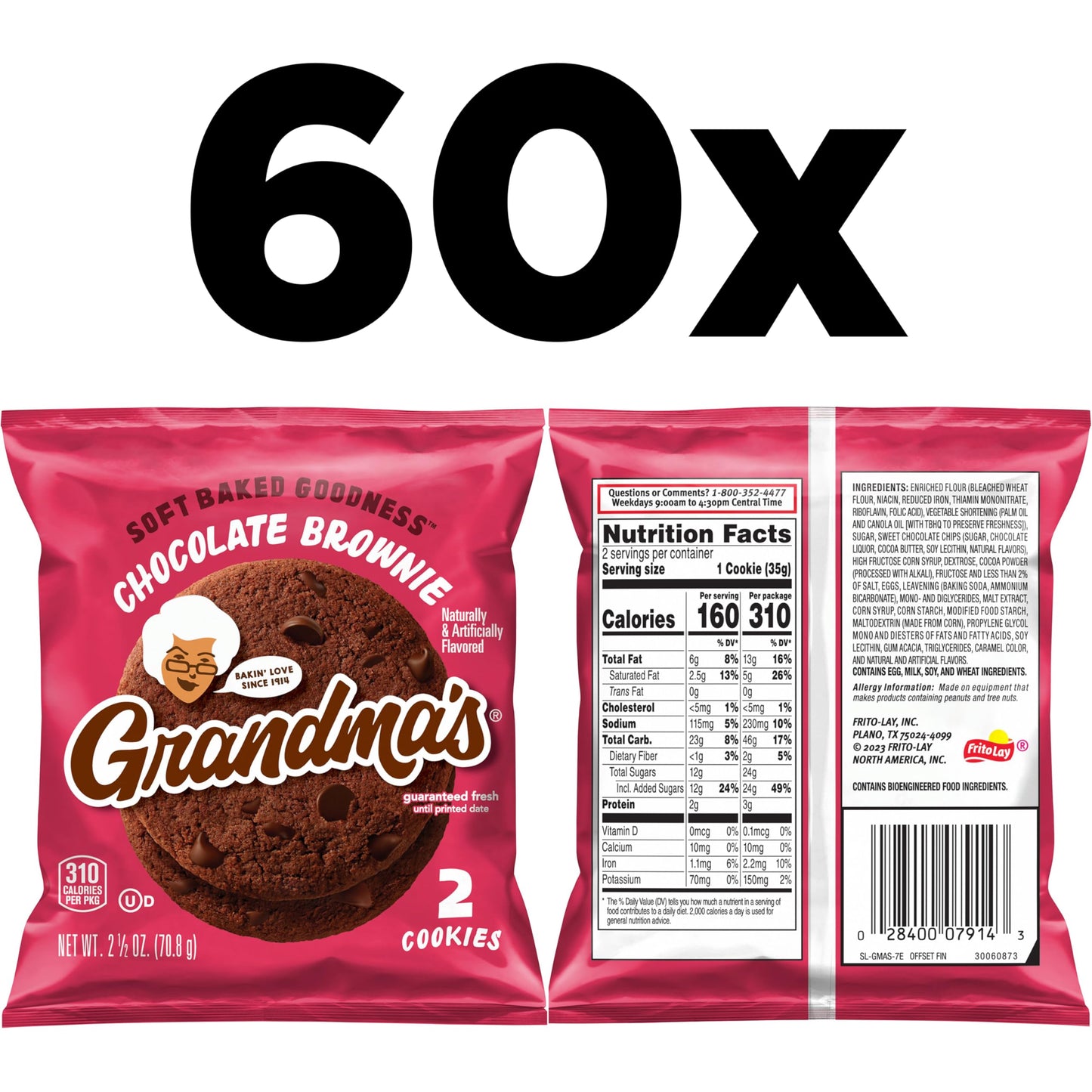 Grandma's Cookies Chocolate Brownie, 60 Count Pack - Delicious 2.5 Ounce Treats for Snack Lovers