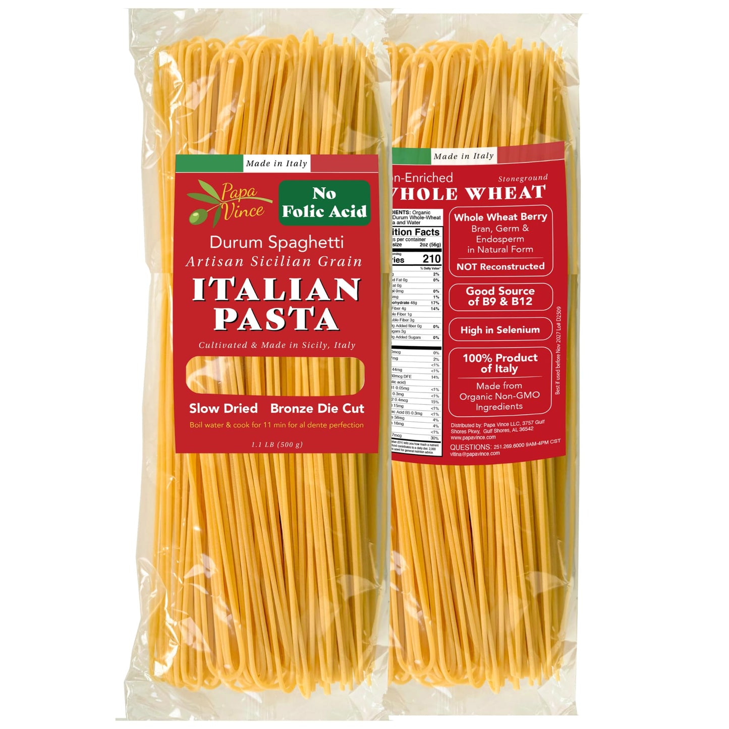 Papa Vince Whole Wheat Spaghetti Noodles - Made in Italy, Non-Enriched, No Folic Acid - Organic Ancient Grain Pasta, Non-GMO, Ar