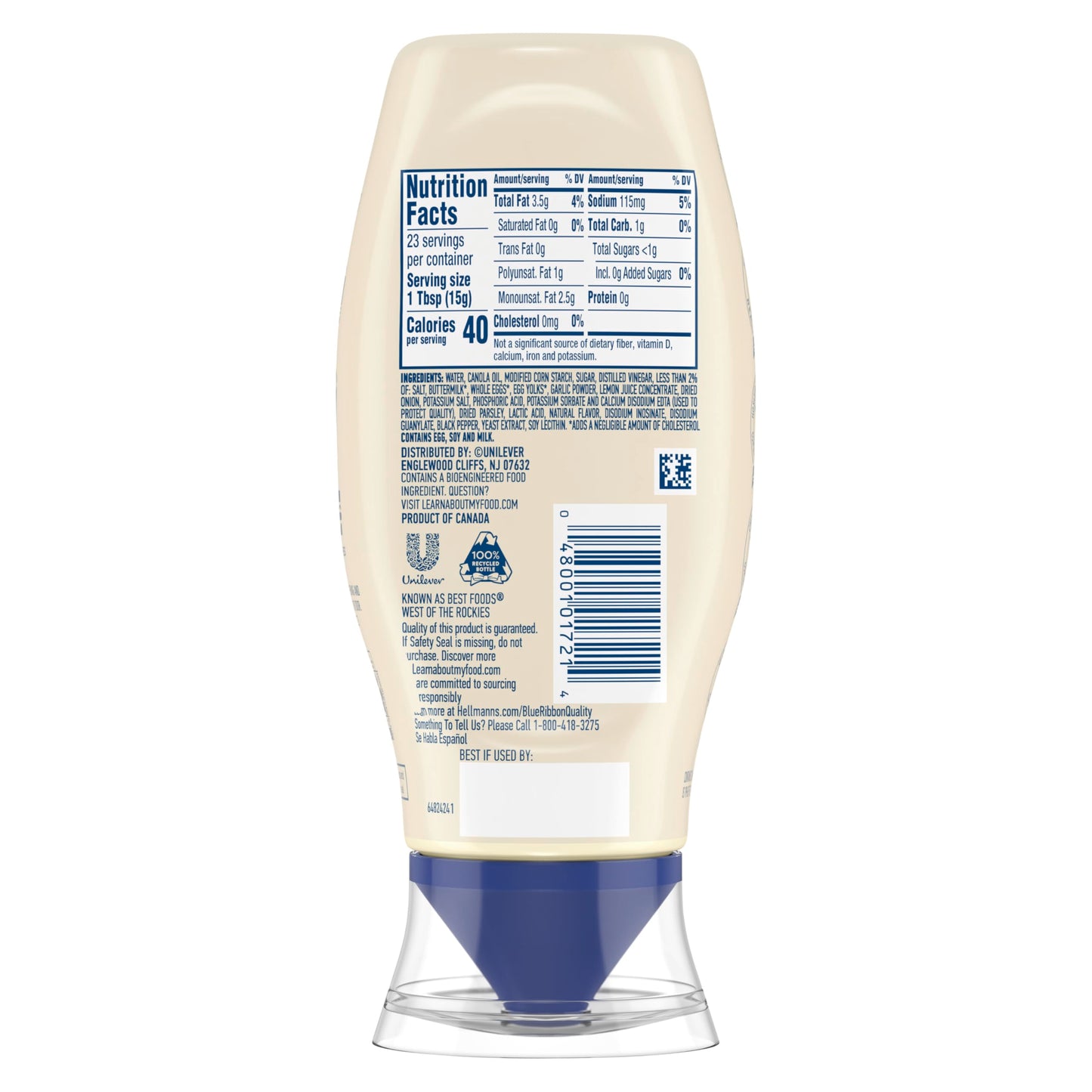 Hellmann'S Buttermilk Ranch Chicken Tender Mayonnaise Style Dip Buttermilk Ranch Delicious Flavor No Artificial Flavors 11.5 Fl