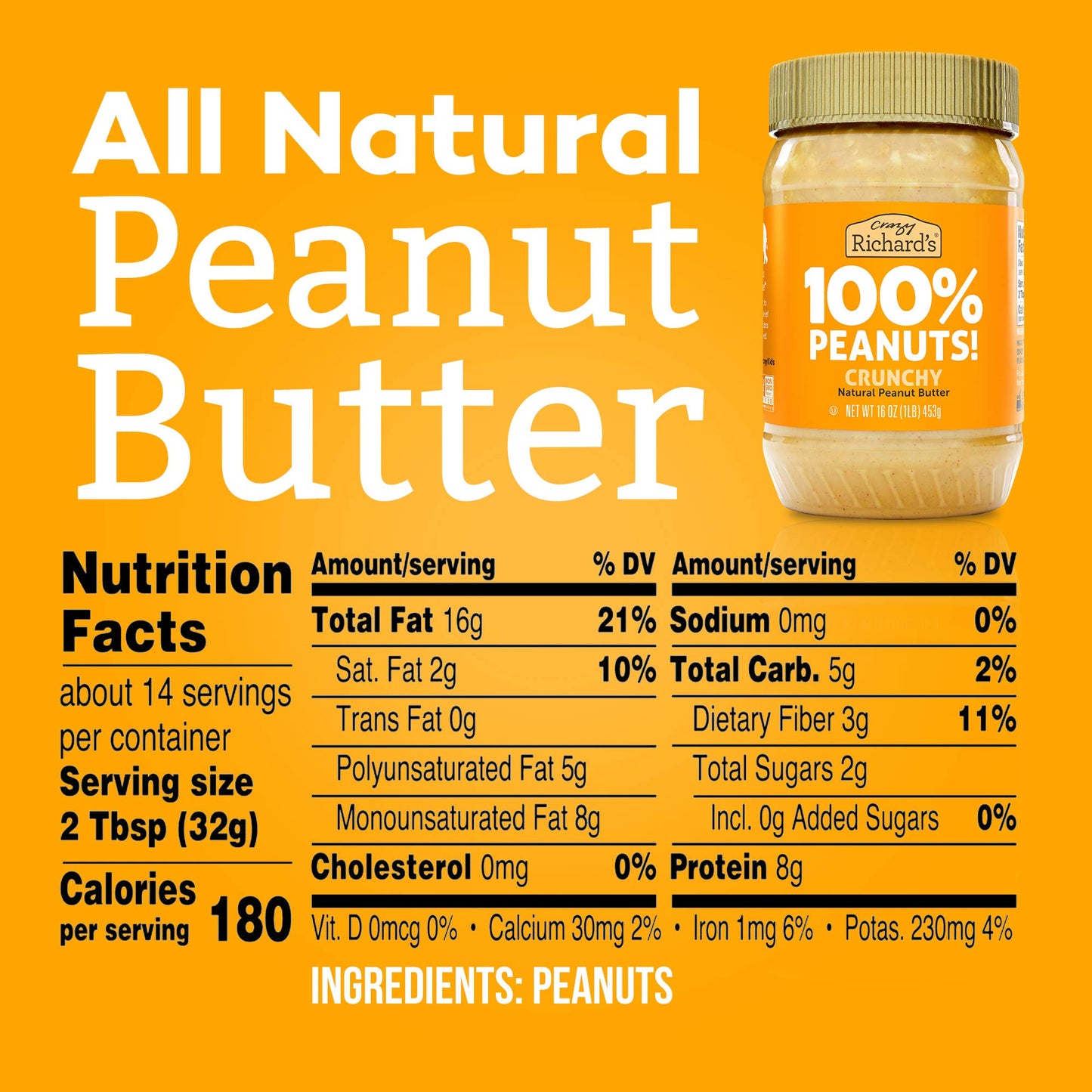 Crazy Richards 100% All-Natural Crunchy Vegan Peanut Butter with No Added Sugar and Non-GMO (16 Ounce, Pack of 6)