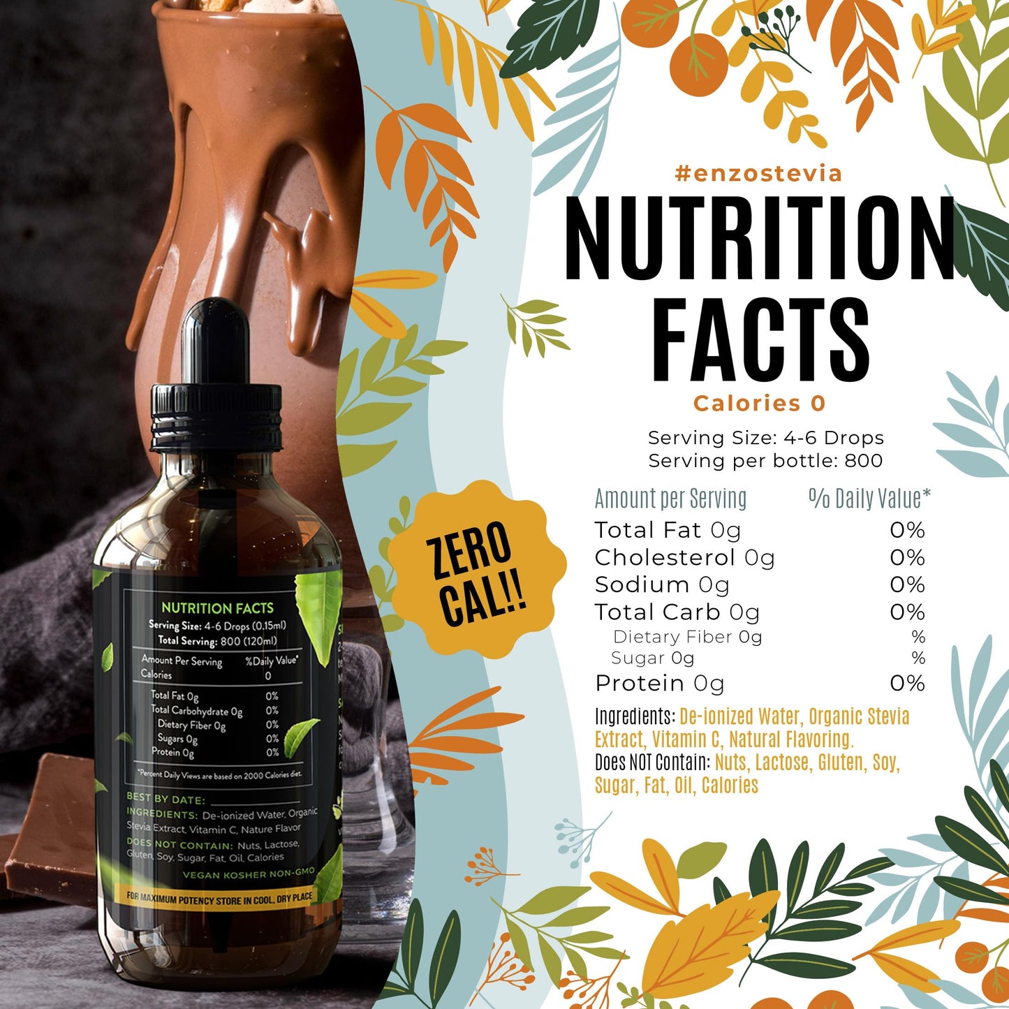 Enzos Private S  Liquid Stevia Drops - All Natural Chocolate Flavor, Zero Calories, 4 Fl Oz (800 Servings)