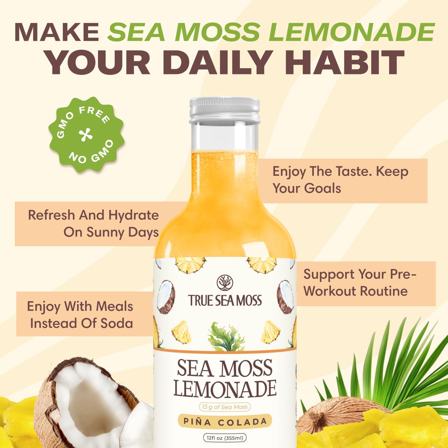TrueSeaMoss Pina Colada Sea Moss Drink – Vegan Coconut Pineapple Infused – 4 x 12 fl oz Bottles – Tropical Hydration Made in USA