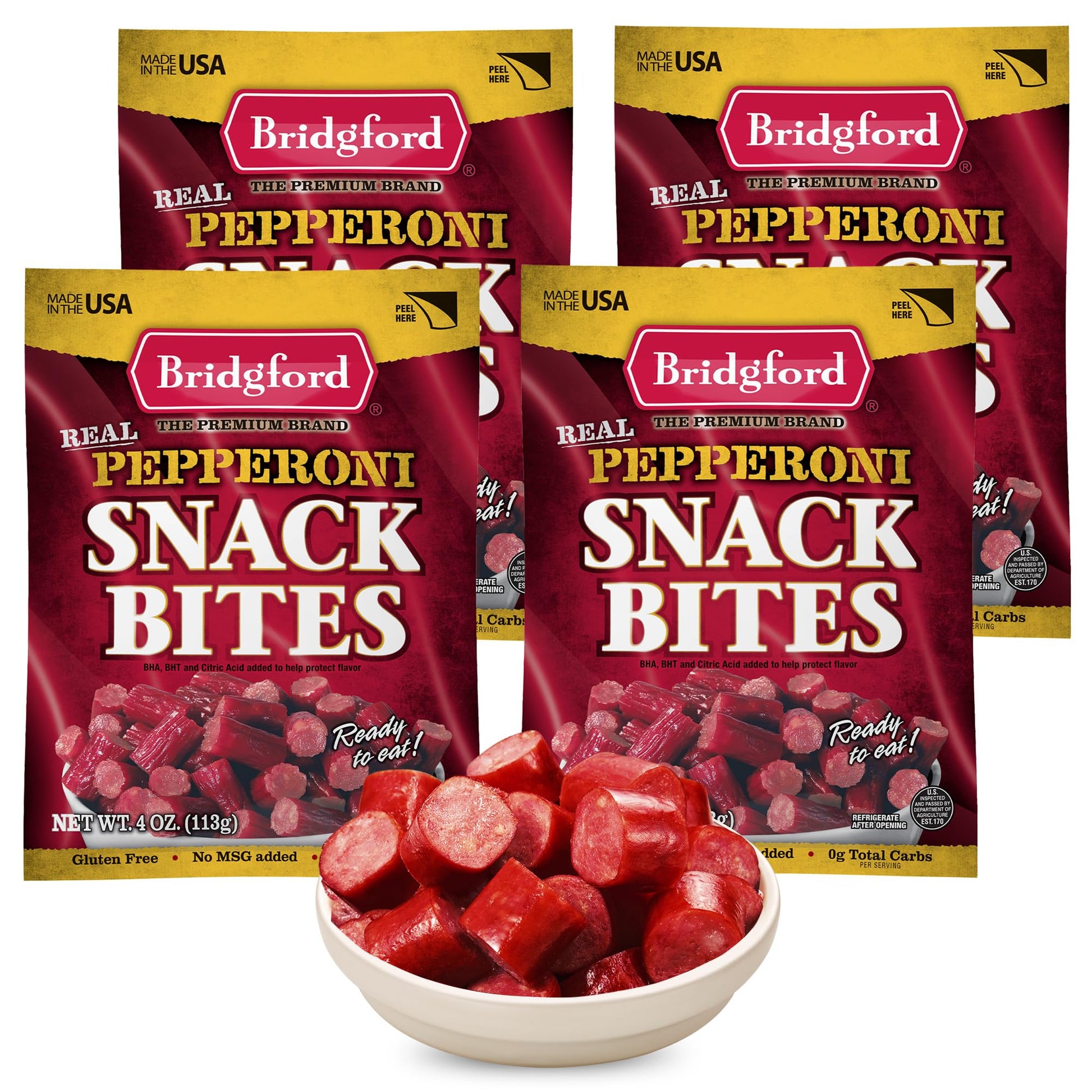 Bridgford Pepperoni Snack Bites 4 oz Pack of 4 - Ready-to-Eat Pepperoni Snacks for On-the-Go Snacking - Pork and Beef Pepperoni 