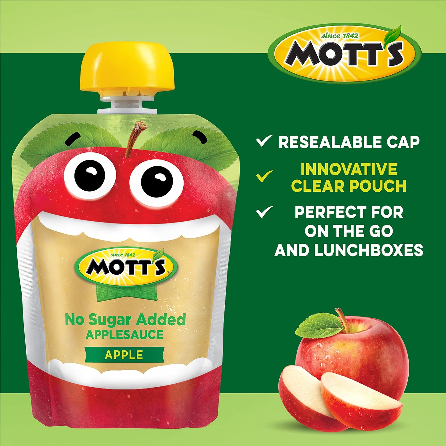 Mott s No Sugar Added Applesauce, 3.2 oz clear pouches, 12 Count (Pack of 8)