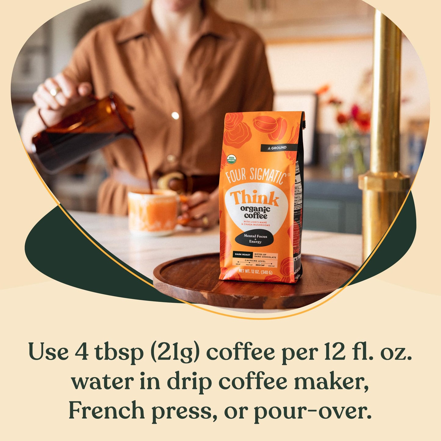 Four Sigmatic Think Mushroom Coffee | Organic Ground Coffee with Lions Mane Mushroom and Chaga Mushroom | 12oz Bag
