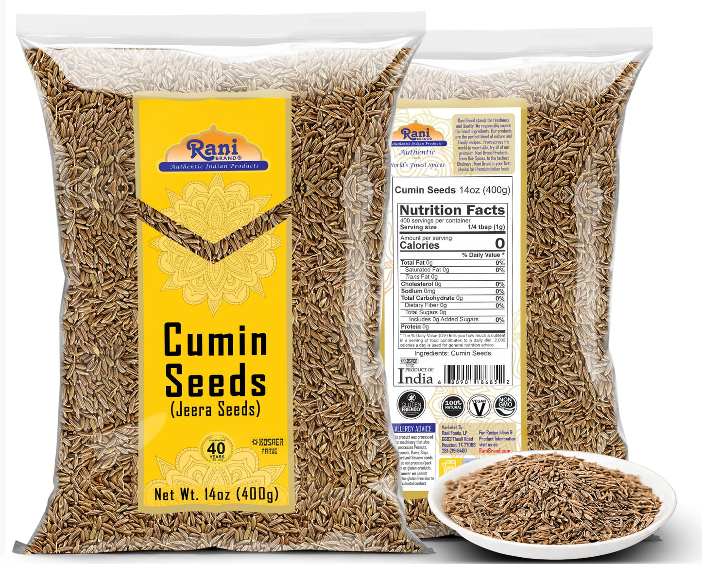 Rani Cumin Seeds Whole (Jeera) Spice 14Oz (400G) ~ All Natural | Gluten Friendly | Non-Gmo | Kosher | Vegan | Indian Origin