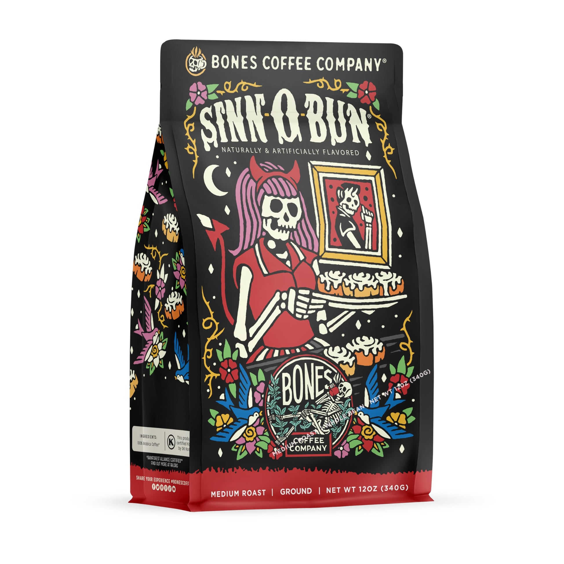 Bones Coffee Company Sinn 'O' Bun Ground Coffee Beans, Cinnamon Roll Flavor, Low Acid Flavored Coffee, Made With Arabica Coffee
