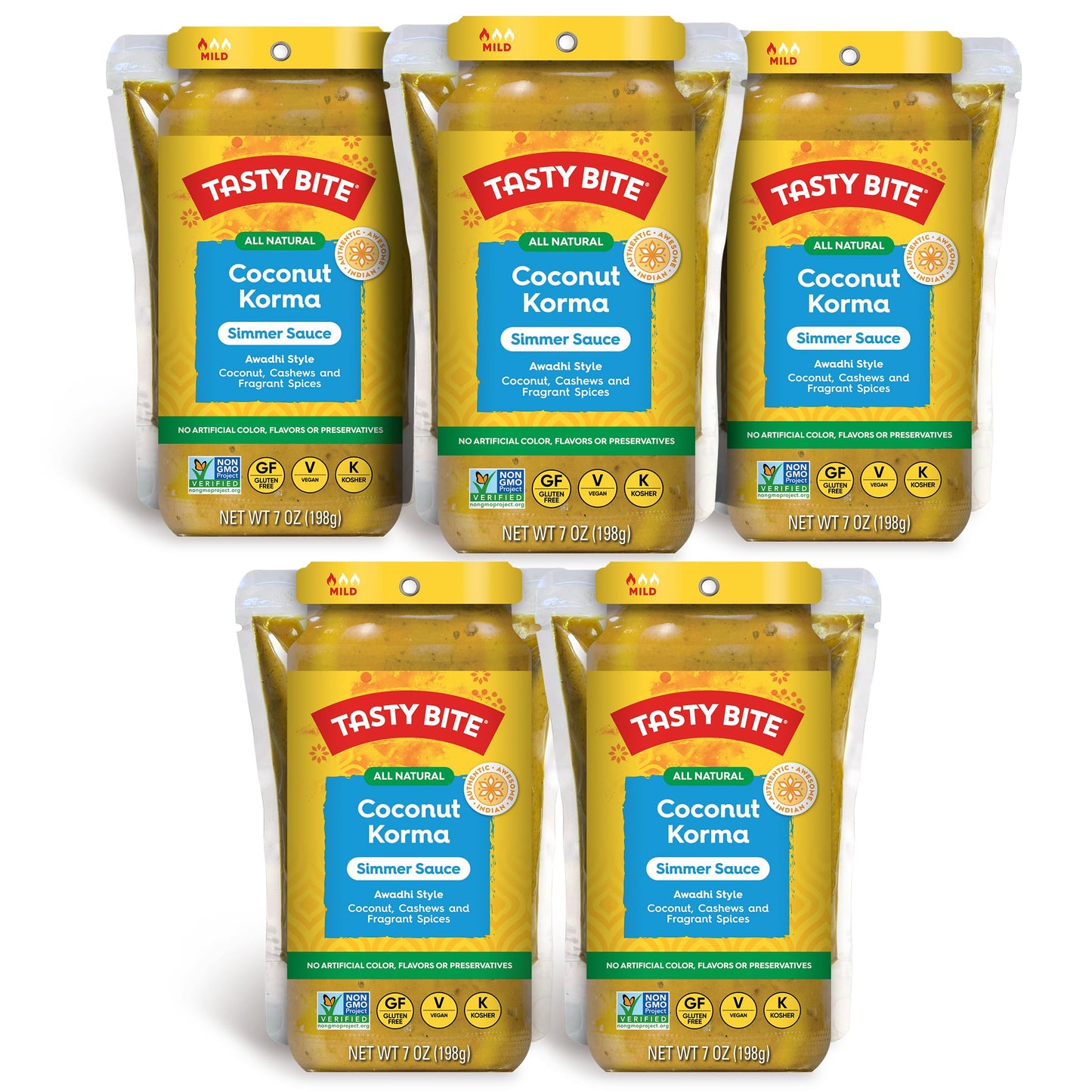 Tasty Bite Awadhi Style Coconut Korma Simmer Sauce, 7-Ounce 5-Pack, 3-4 Servings Per Pouch, Coconut, Cashews, Vegan