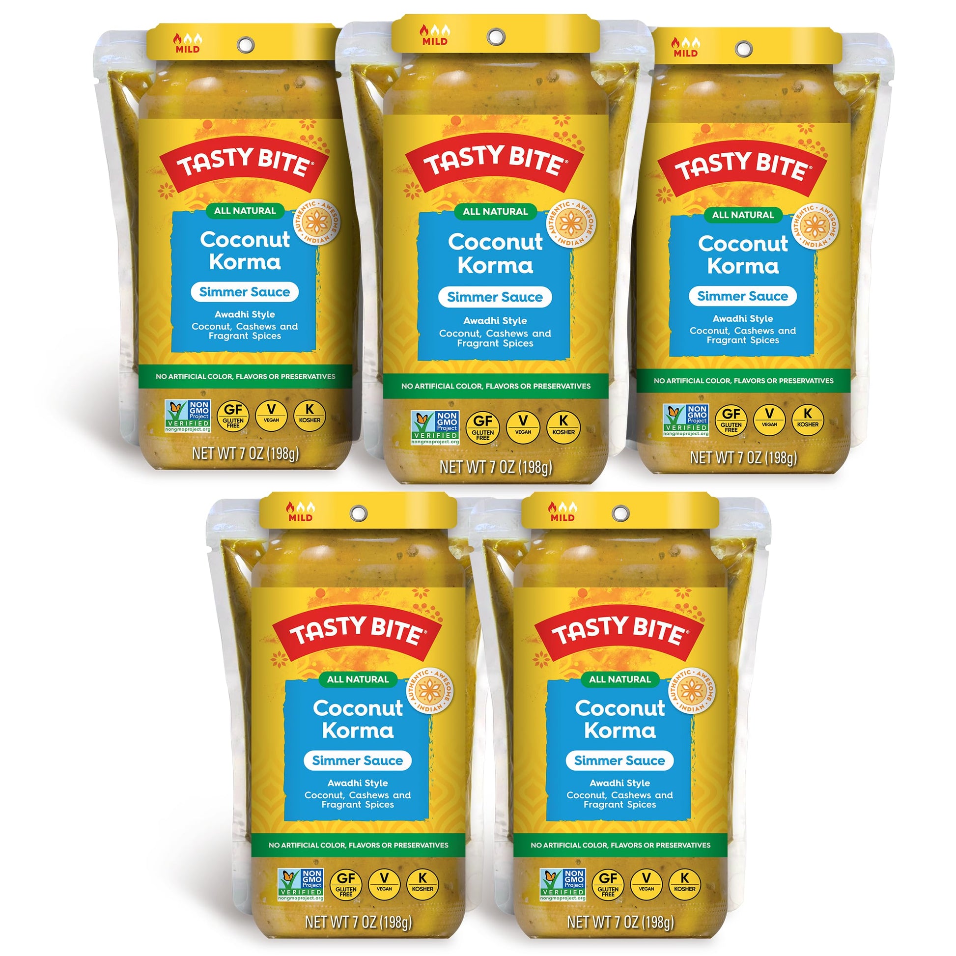 Tasty Bite Awadhi Style Coconut Korma Simmer Sauce, 7-Ounce 5-Pack, 3-4 Servings Per Pouch, Coconut, Cashews, Vegan