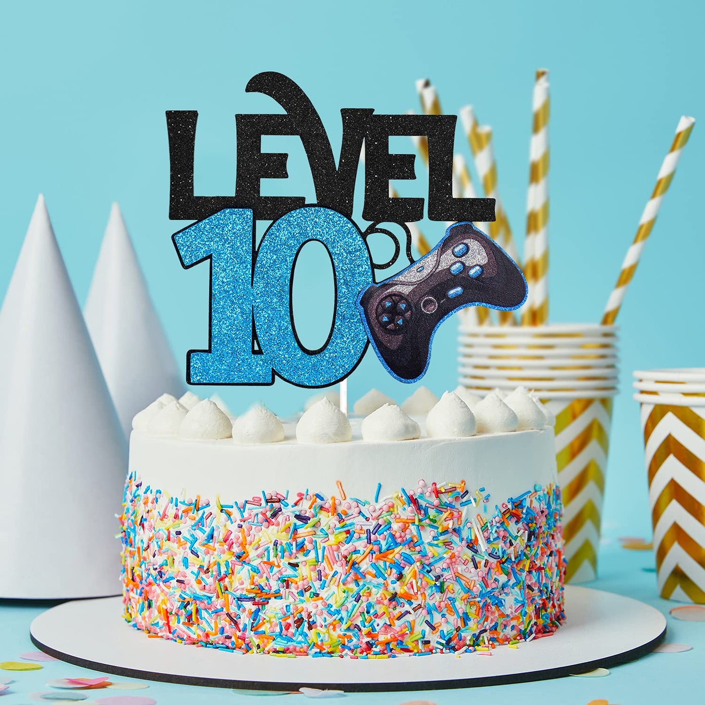 Caiwowo Level 10 Game Birthday Cake Topper - Blue Paper Decoration for Boys 10th Birthday Party