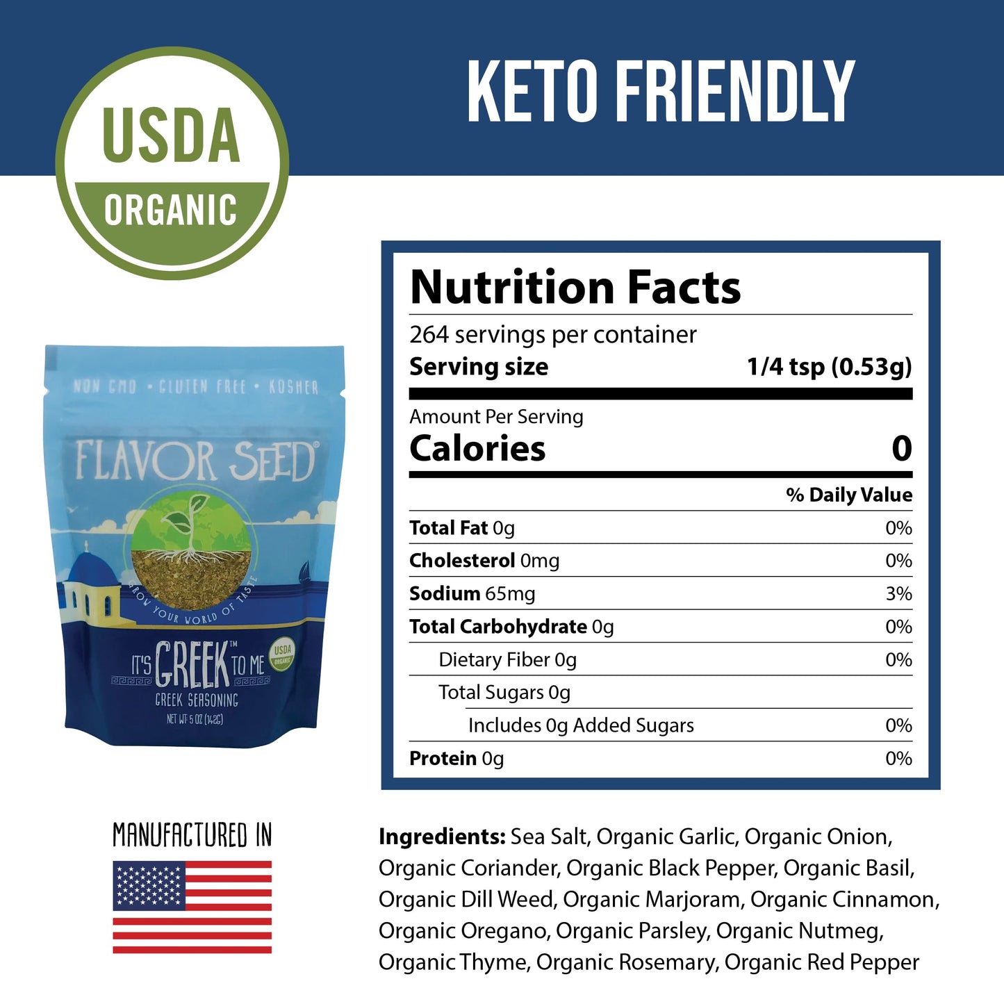 Flavor Seed Organic Greek Seasoning Blend, Mediterranean Herbs & Spices, 5 oz Shaker Jar, Non-GMO, Keto Friendly