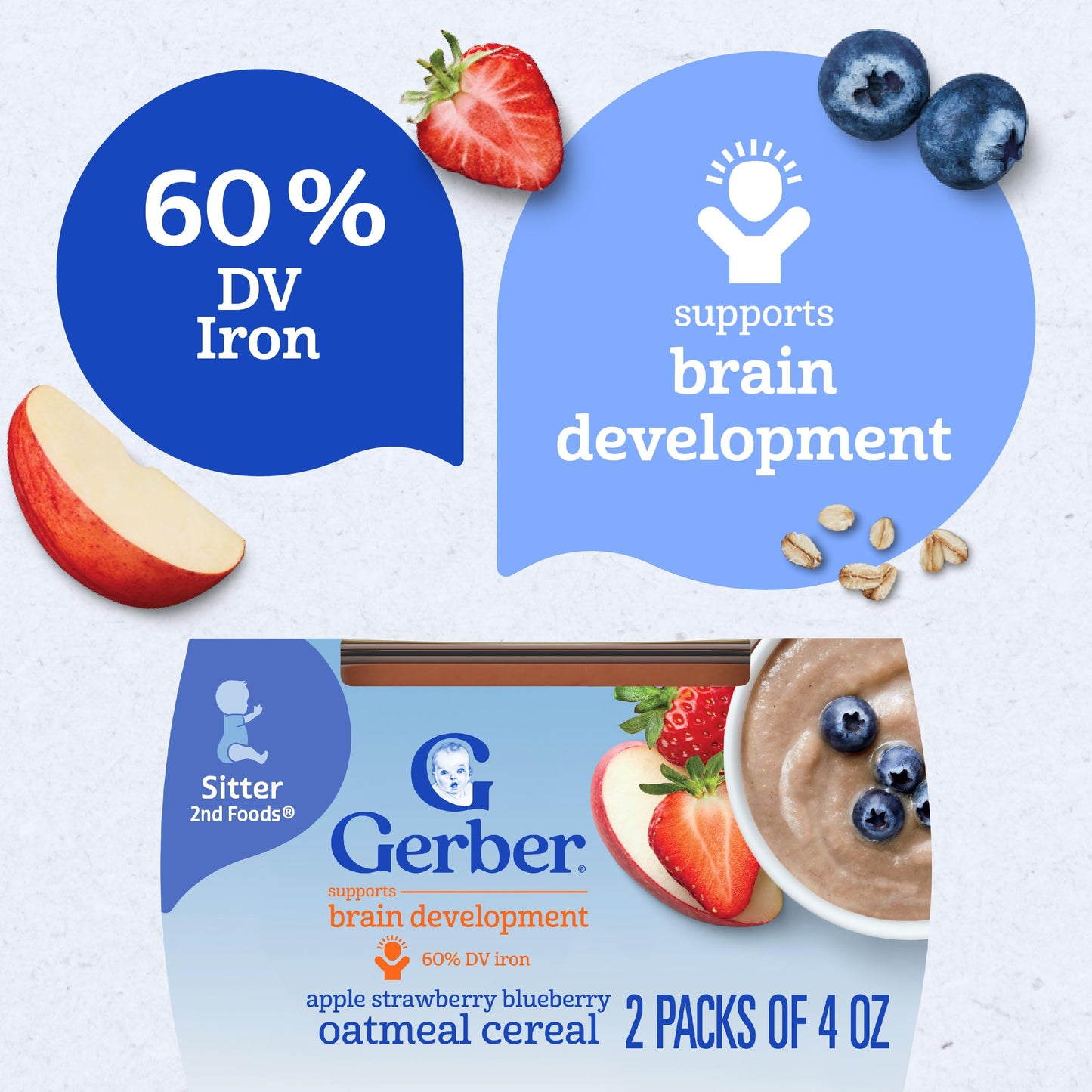 Gerber Baby Food 2Nd Foods, Mixed Cereal, Apple, Strawberry & Blueberry With Mixed Cereal Puree, 4 Ounce Tubs, 2-Pack (Pack Of 8