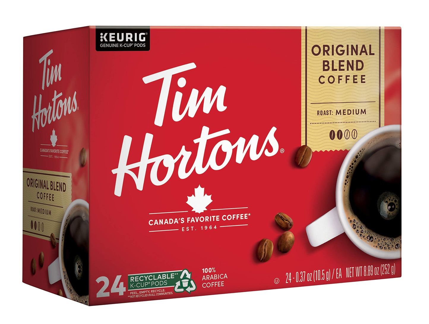 Tim Hortons Original Blend Medium Roast Coffee K-Cup Pods, 24 Count, Compatible with Keurig malt-inspired, Red