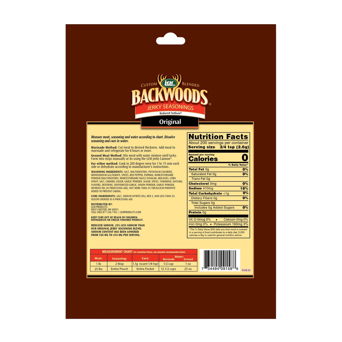 LEM Backwoods Reduced Sodium Jerky Seasoning, Ideal for Wild Game, 18.3 Ounce Packet, Seasons Up to 25 Pounds of Meat