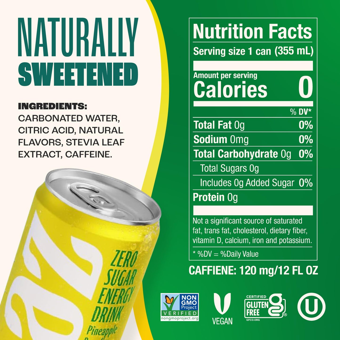 Zevia Zero Calorie Energy Drink, Pineapple Paradise, 12 Fl Oz, Pack of 12, Clear