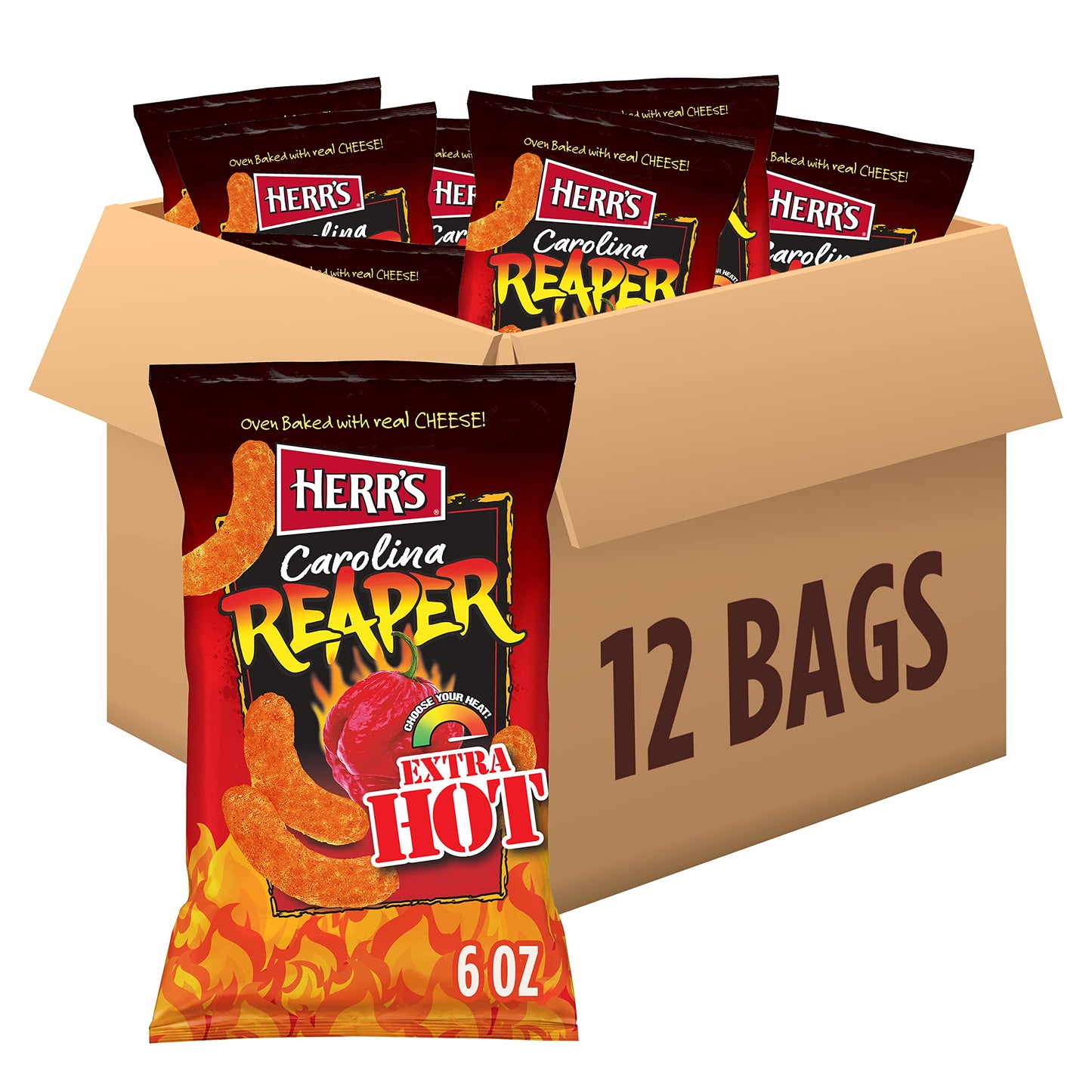 Herrs Cheese Curls, Carolina Reaper Flavor, Gluten Free Snacks, 6Oz Bag (12 Count)