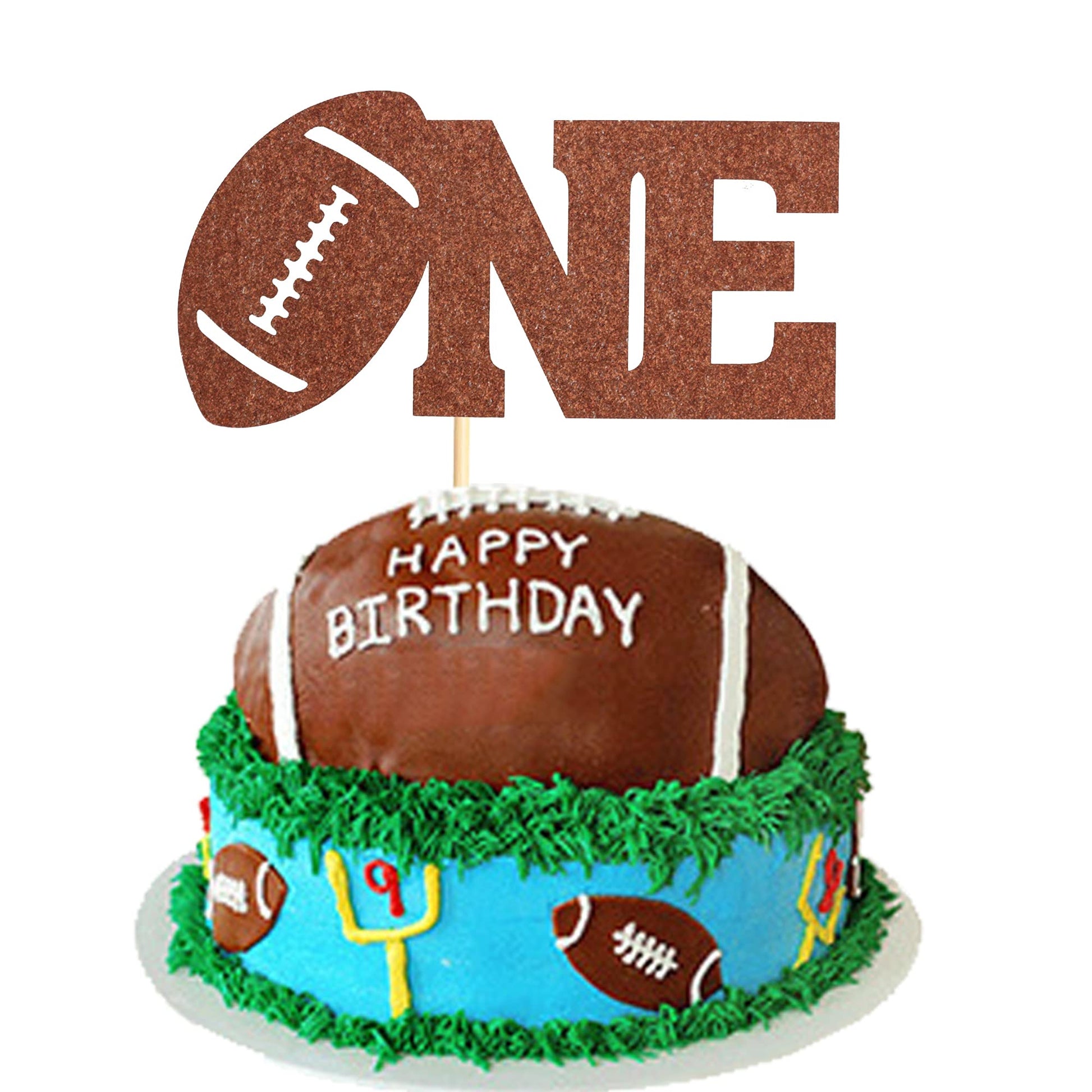 Arthsdite Football One Cake Topper For Baby First Birthday Party Cake Decoration, 1St Birthday Photo Booth Props, Football Sign Cake Flag - Brown Glitter