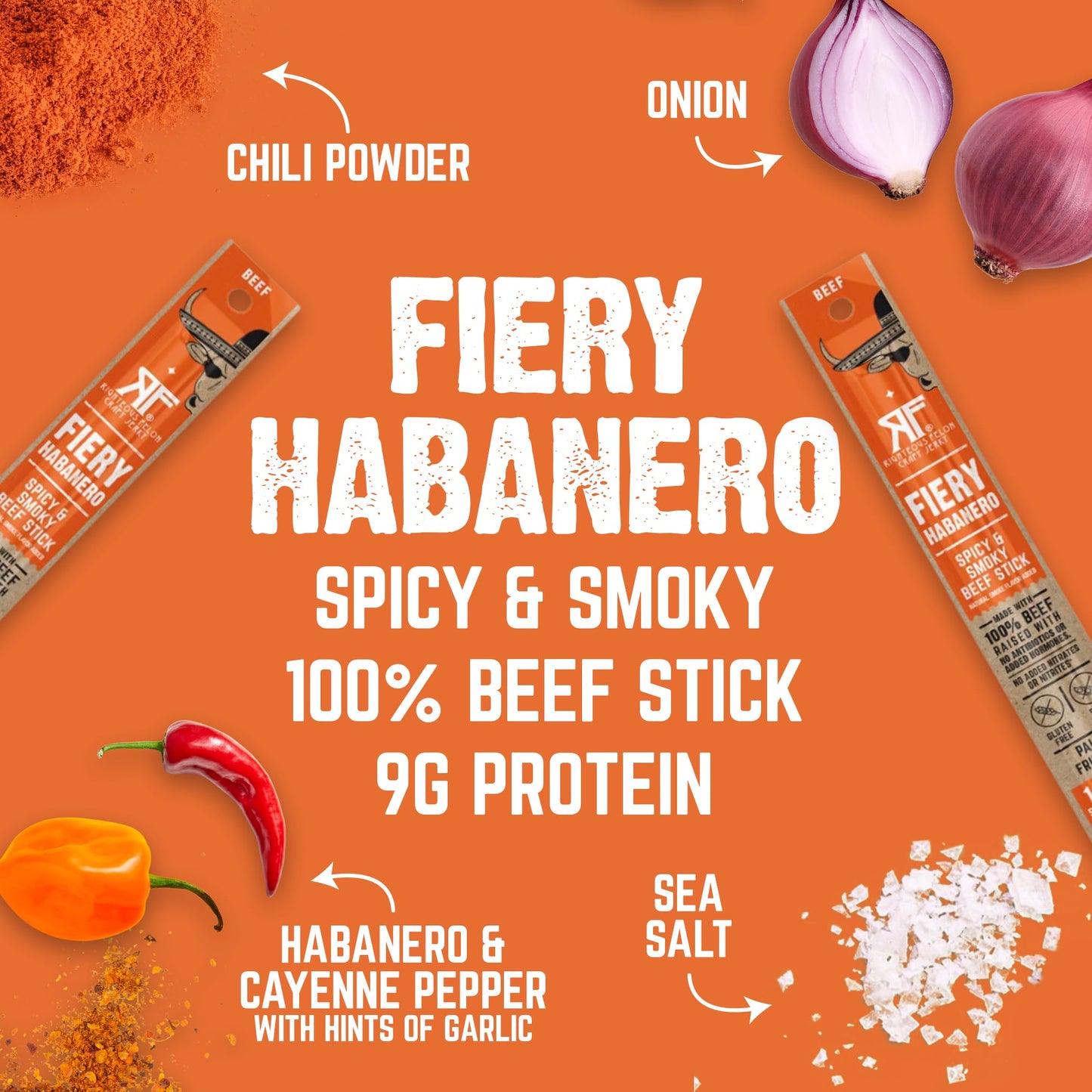 Righteous Felon Beef Sticks | Gluten Free, Low Sugar, High Protein | Fiery Habanero | 10 Ounce Pack