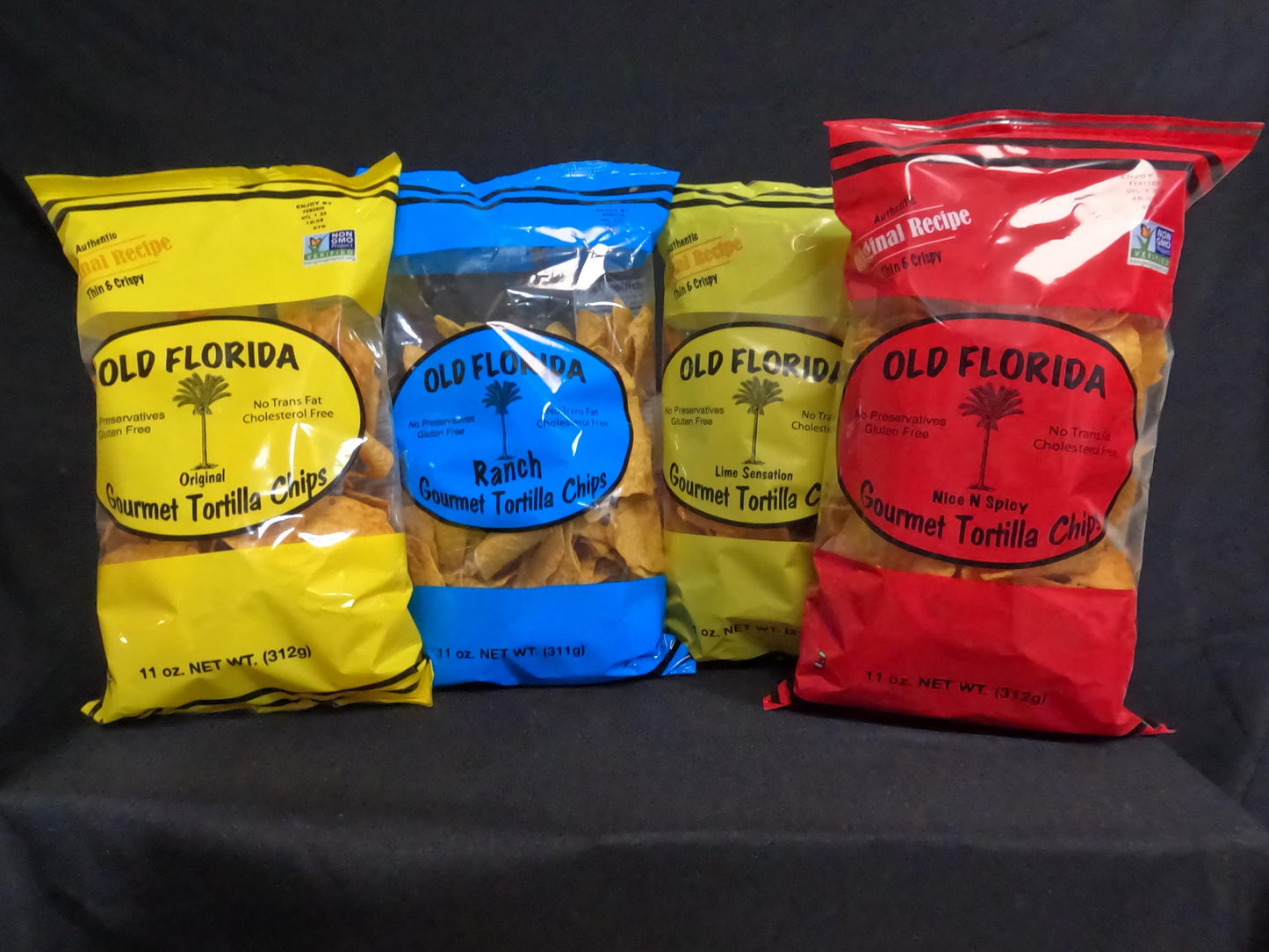 Old Florida Gourmet Tortilla Chips - VARIETY PACK OF FOUR (4) - Includes Original, Lime Sensation, Nice & Spicy, and Ranch Torti