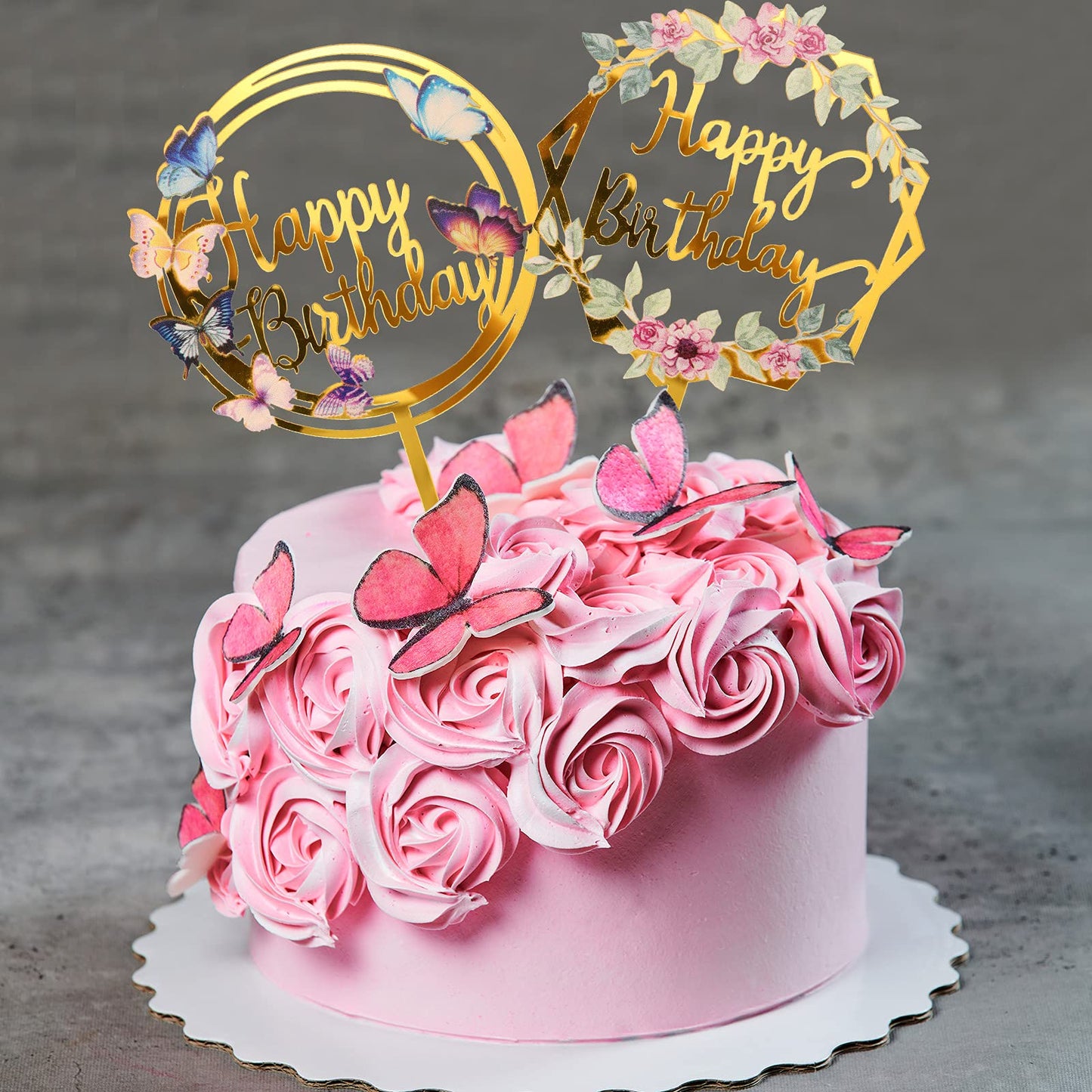 6 Pieces Happy Birthday Cake Toppers Gold Flower Acrylic Cake Toppers Acrylic Cupcake Topper For Various Birthday Party Annivers