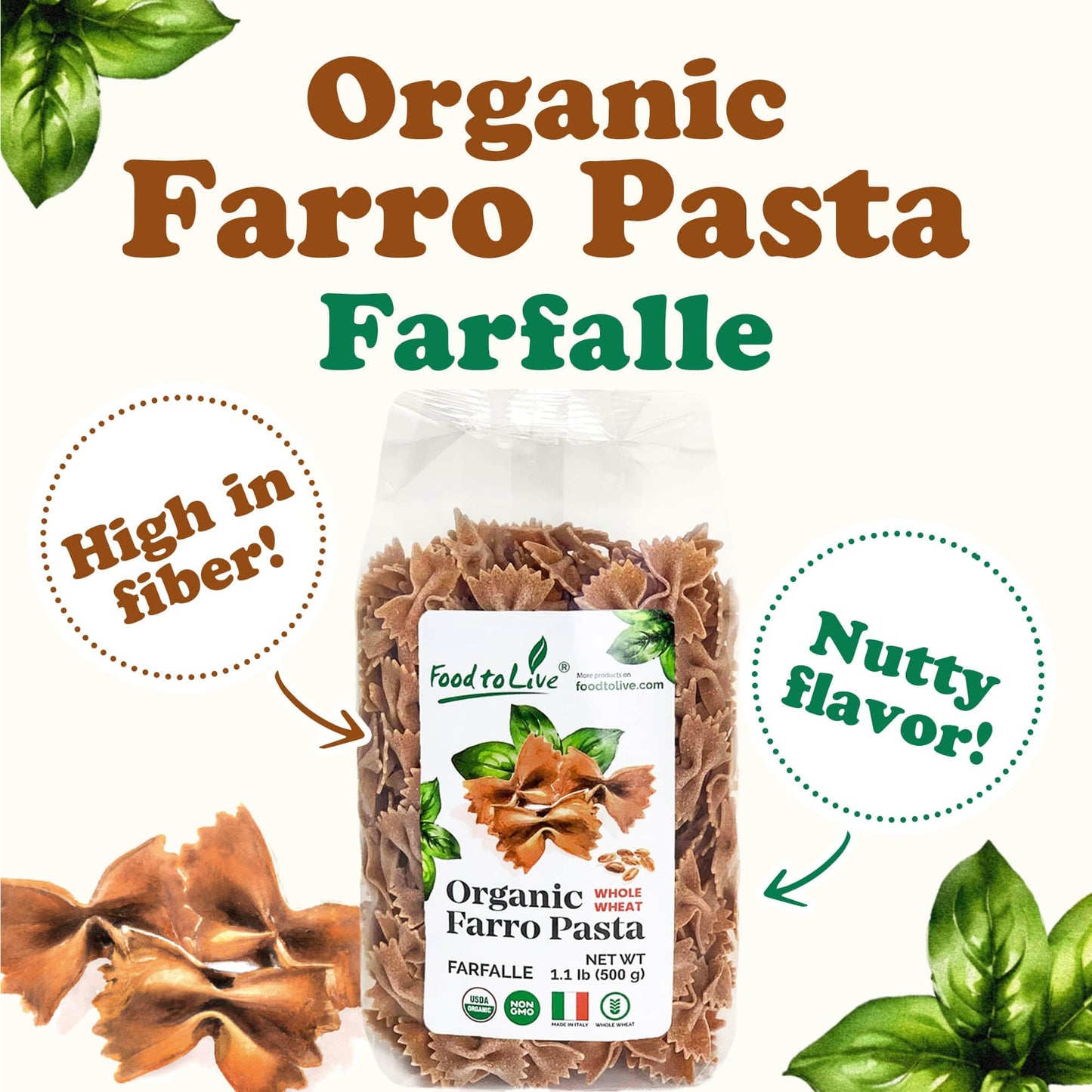 Food To Live - Organic Farro Farfalle Pasta, 1.1 Lb (Pack Of 4) - Italian Whole Wheat And Non-Gmo Bow-Tie Pasta, Single Ingredie