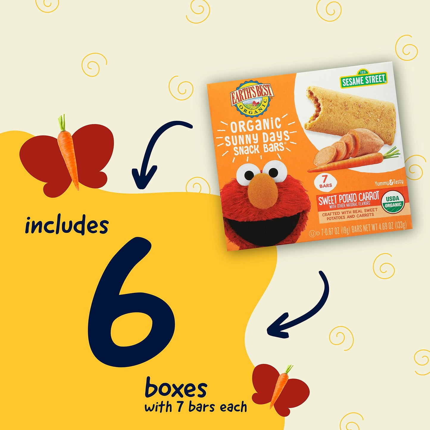 Earth'S Best Organic Kids Snacks, Sesame Street Toddler Snacks, Organic Sunny Days Snack Bars For Toddlers 2 Years And Older, Sw