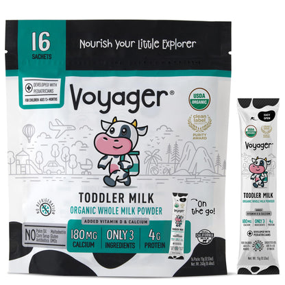 Voyager Toddler Milk On The Go, USDA Organic Shelf Stable Whole Milk Powder, Great for Travel, No Refrigeration, Gluten Free wit