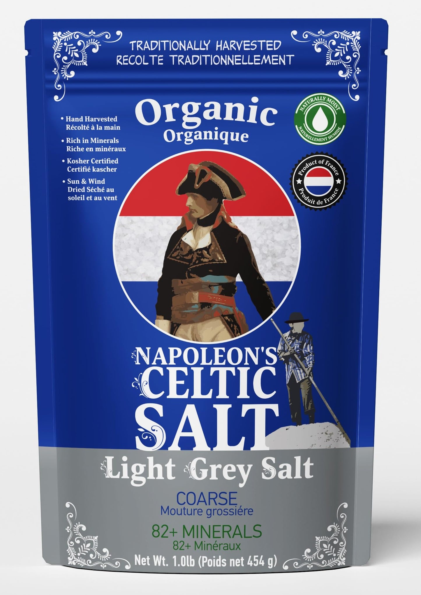 Napoleons Celtic Organic 82 Minerals Sea Salt Coarse, 1.0lb Resealable Bag, French Sea Salt, Grey Salt, Naturally Moist, Hand H