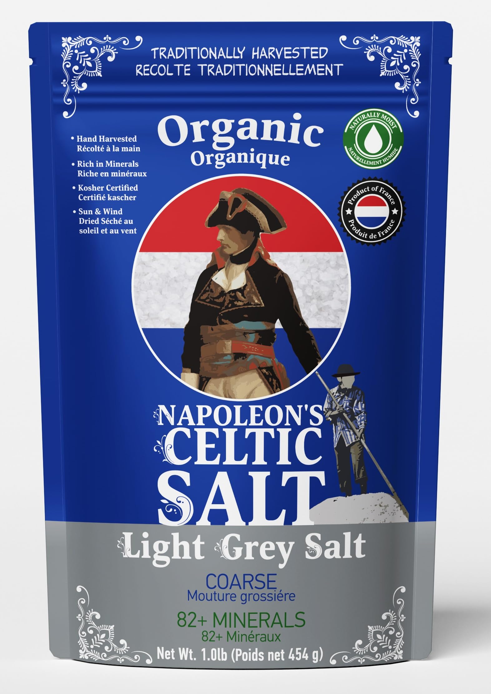Napoleons Celtic Organic 82 Minerals Sea Salt Coarse, 1.0lb Resealable Bag, French Sea Salt, Grey Salt, Naturally Moist, Hand H