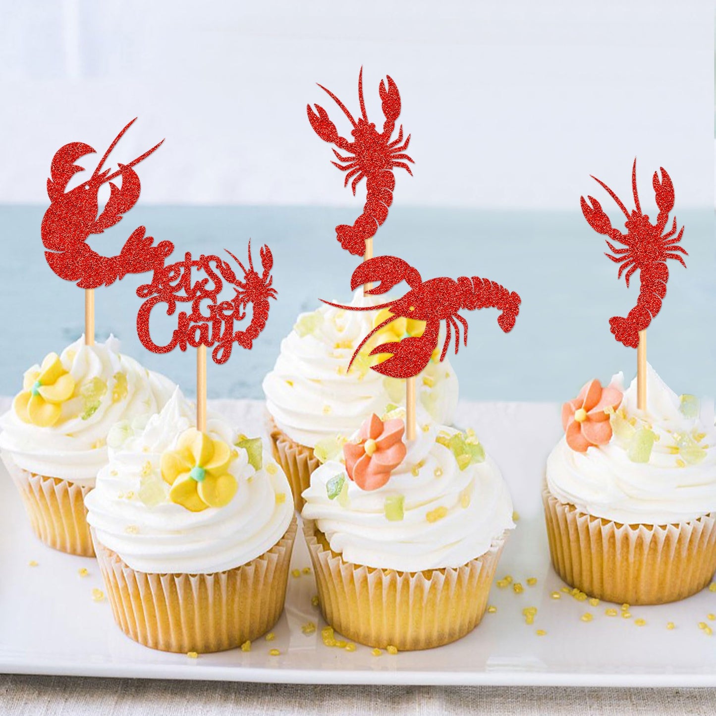 Ercadio 24 Pack Crawfish Cupcake Toppers Red Glitter Lobster Cupcake Picks Ocean Lobster Theme Party Baby Shower Birthday Party
