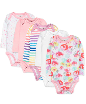 Honestbaby Unisex Baby 5-Pack Organic Cotton Long Sleeve Bodysuits And Toddler T Shirt Set, Rose Blossom, 6-9 Months Us