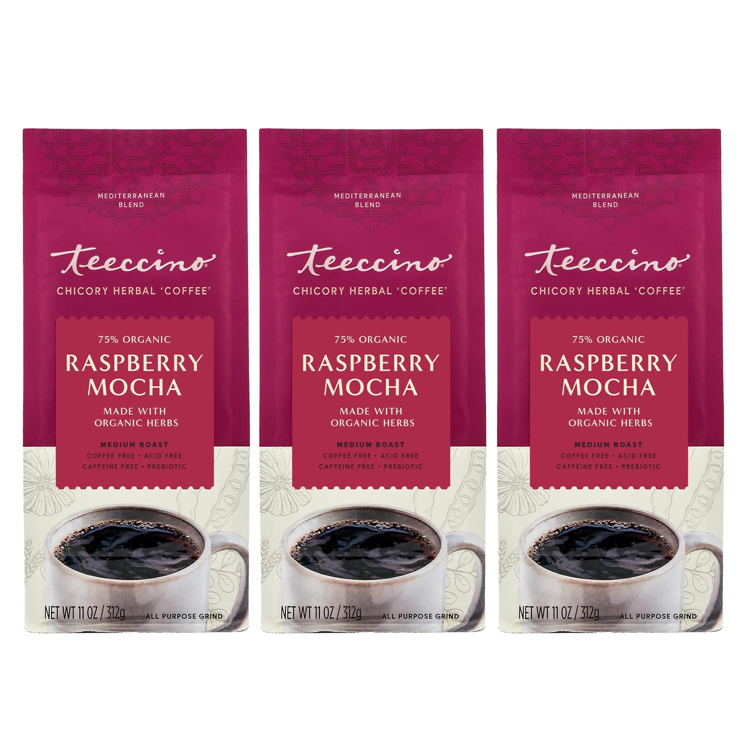 Teeccino Raspberry Mocha Chicory Coffee Alternative - Ground Herbal Coffee, Dark Roast, Caffeine Free, 11 Ounce (Pack of 3)