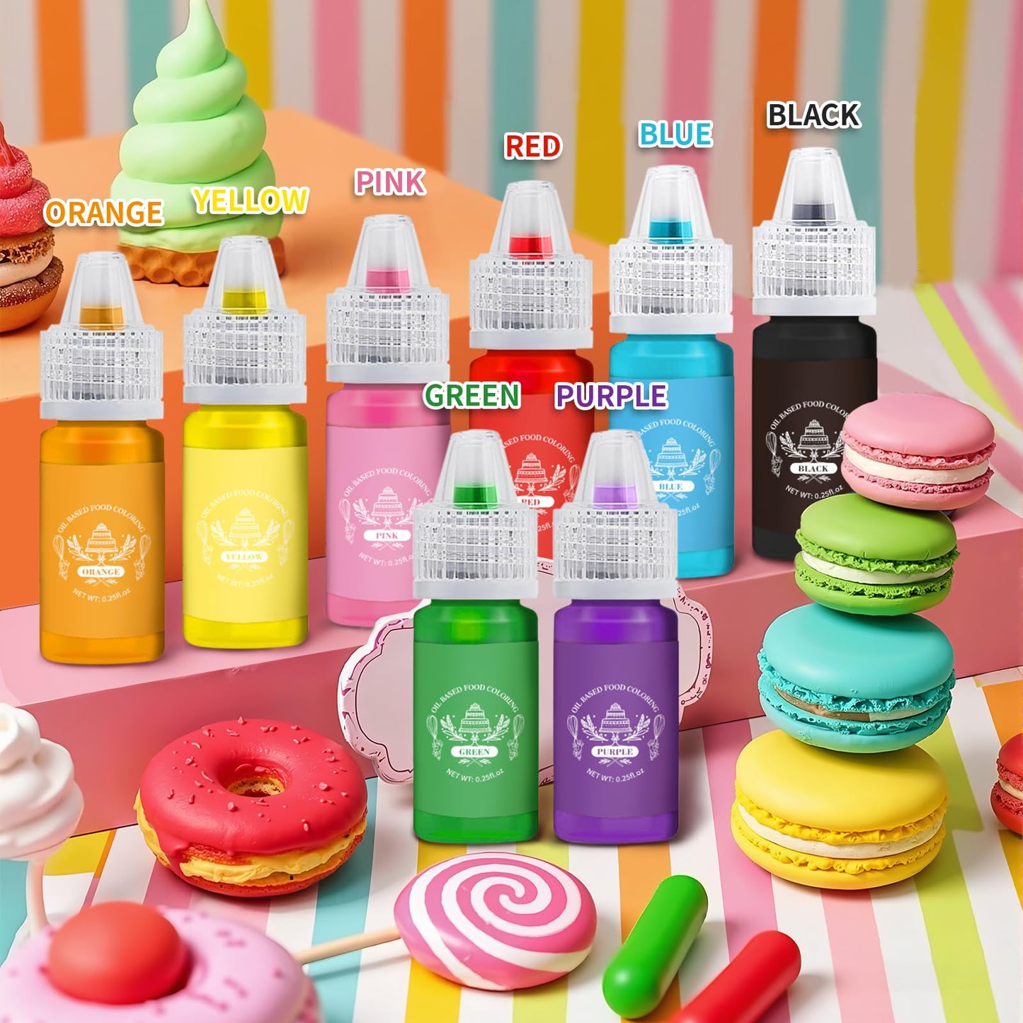 PAVADOR Oil Based Food Coloring Set, 8 Colors, Food Grade Edible Dye, 0.25 Fl Oz per Bottle, Gluten Free, Flavorless