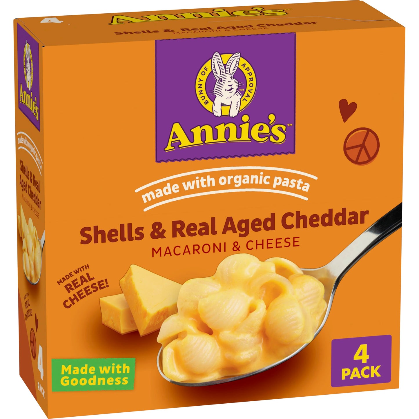 Annies Shells And Real Aged Cheddar, Made With Organic Pasta And Real Cheese, 4 Ct, 24 Oz