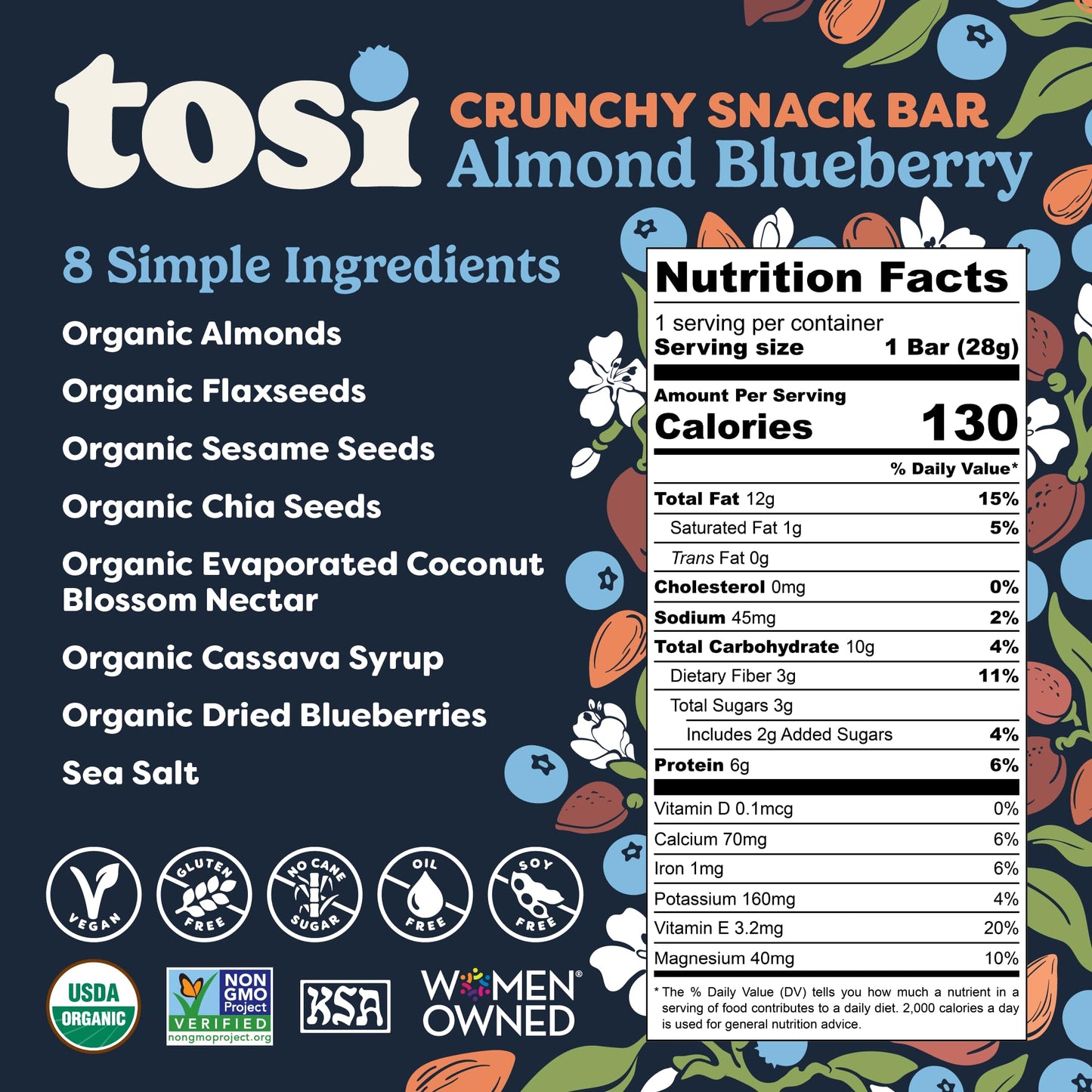 Tosi Almond Blueberry Protein Bars, Vegan, Gluten-Free, 12 Count, Organic, 5G Protein, Soy-Free, Omega 3s