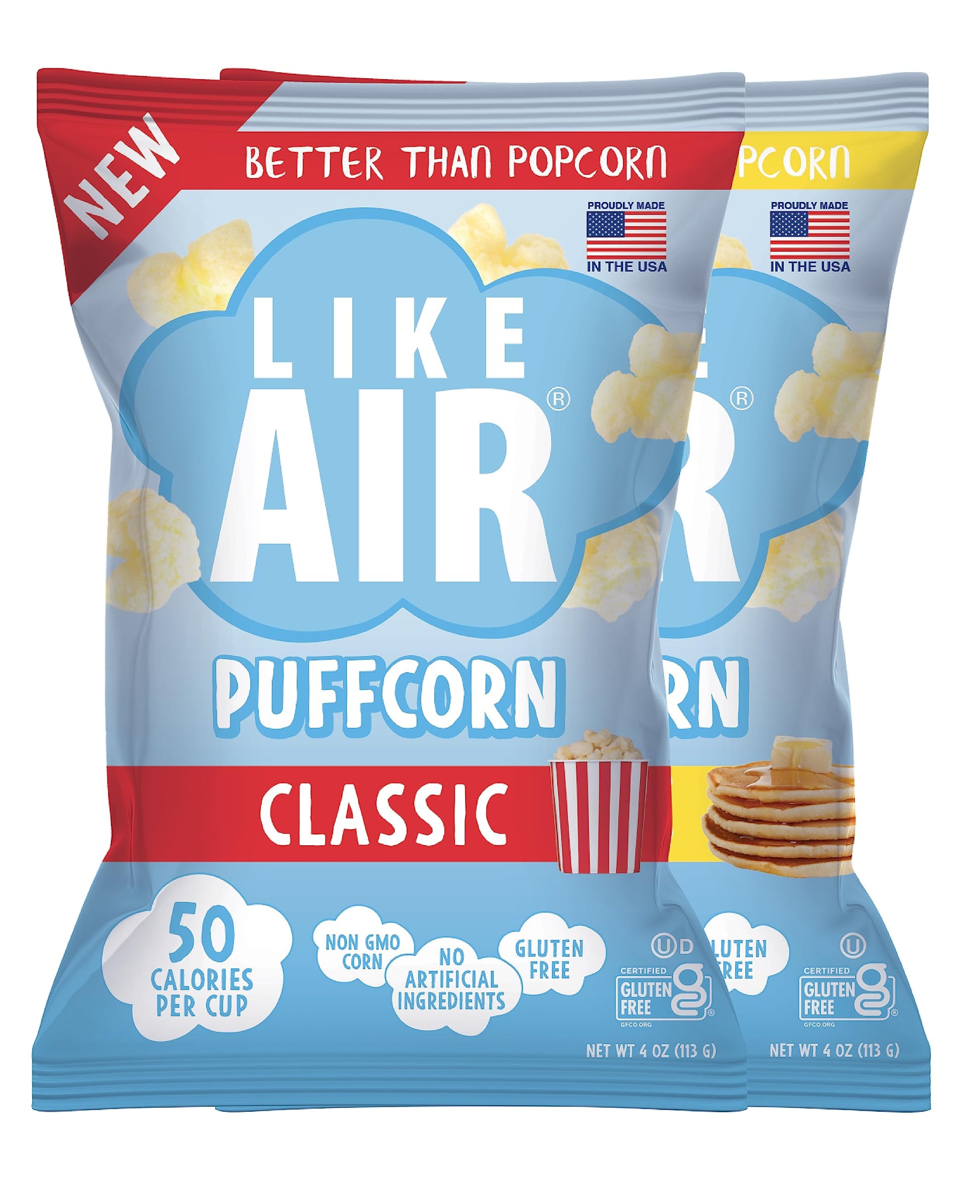 Like Air Puffcorn (Combo Pack: Classic & Pancake) | 2 4oz Bags | 50 Calories Per Cup | Gluten Free | Nothing Artificial